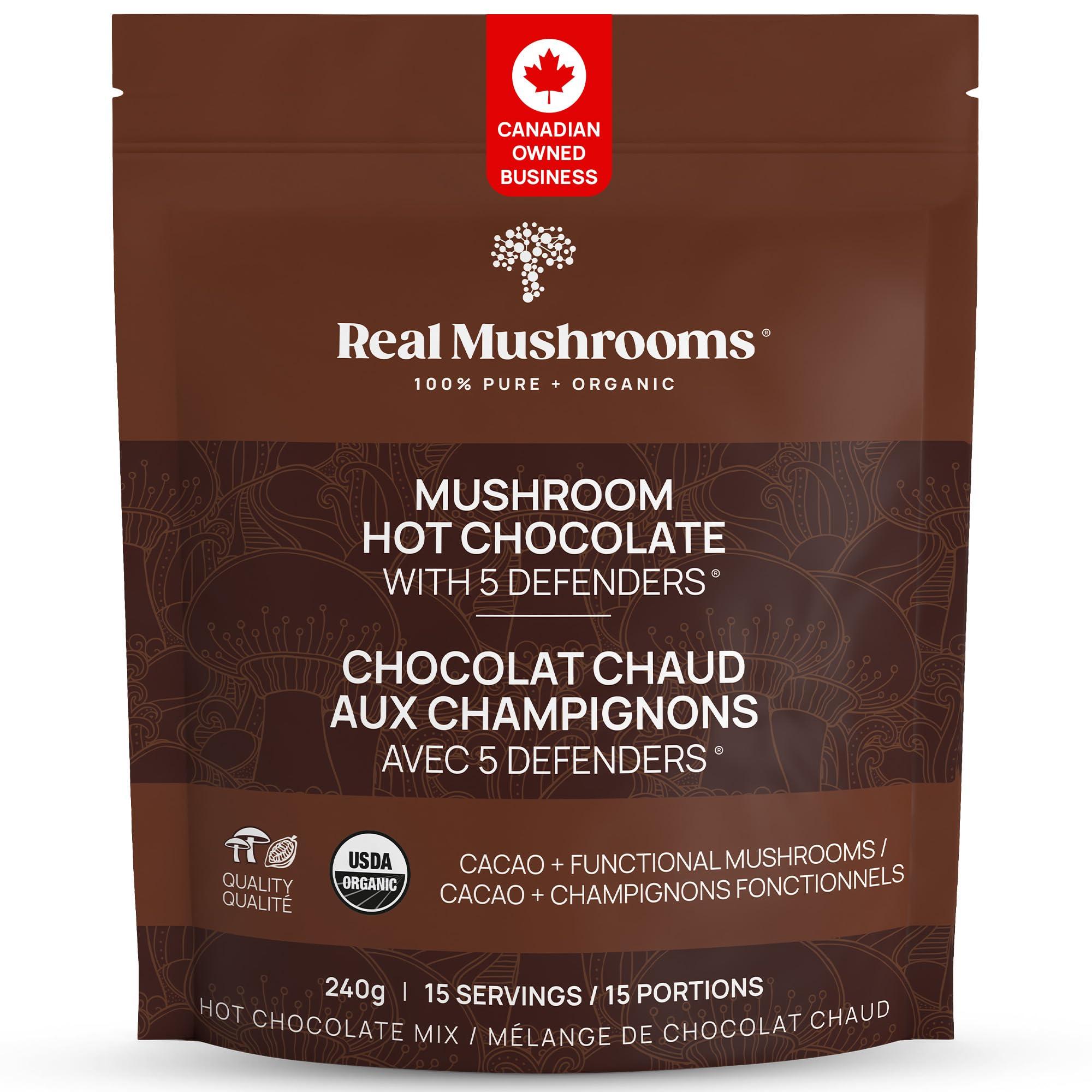 Real Mushrooms Real Mushrooms Organic Hot Chocolate Mix with 5 Defenders Turkey Tail, Chaga, Maitake, Shiitake, Reishi Mushroom - Cacao Powder Vegan Supplement, Gluten-Free, 15 Servings