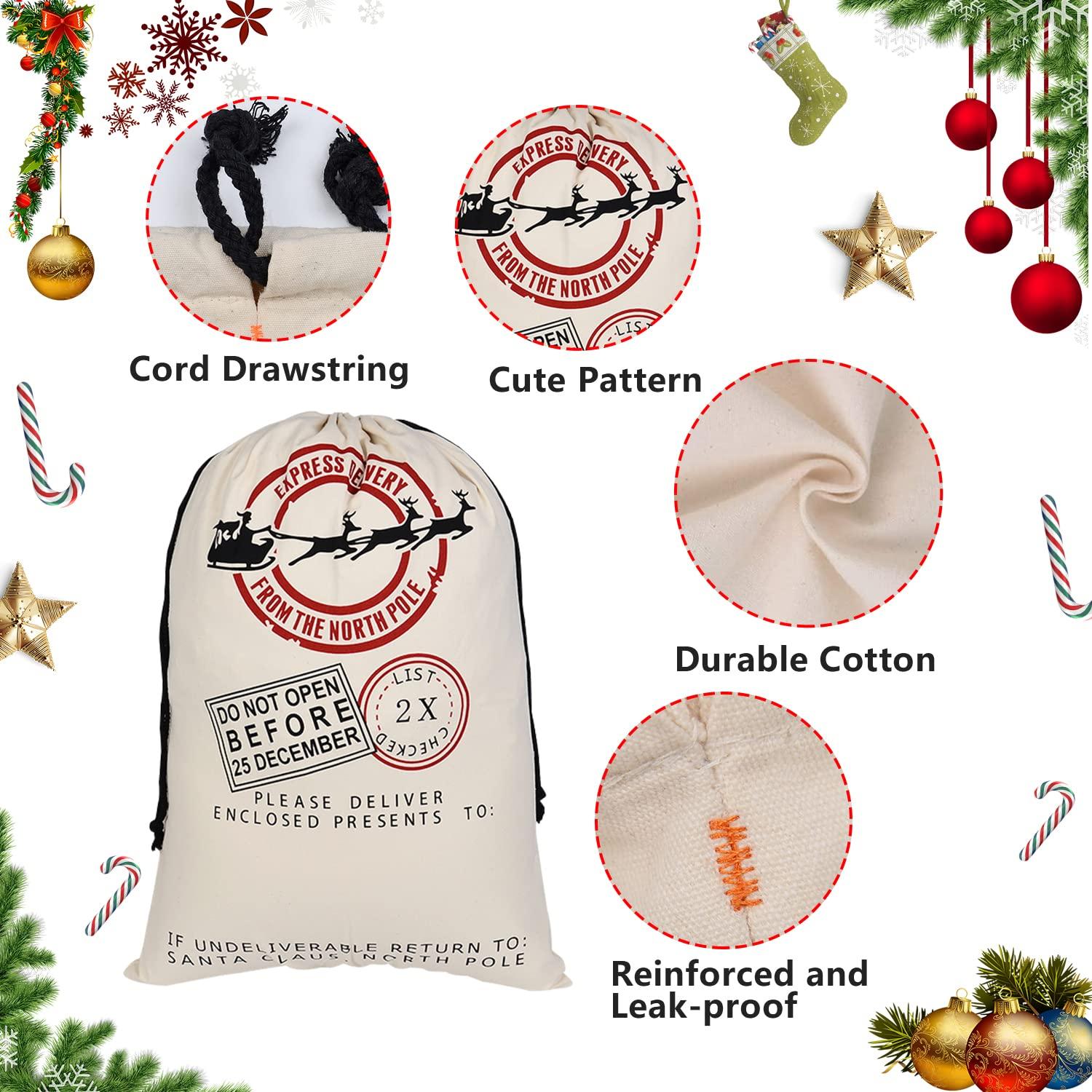 Inspireyee 6 Pack Large Christmas Bag Santa Sack Canvas Bag Christmas Gift Bags with Drawstrings Large Xmas Sack Cotton Canvas Stocking with Drawstrings Reusable Designs 19.5 X 27.5 Inch Xmas Present Bag (Pattern 10, Large 19.5 X 27.5)