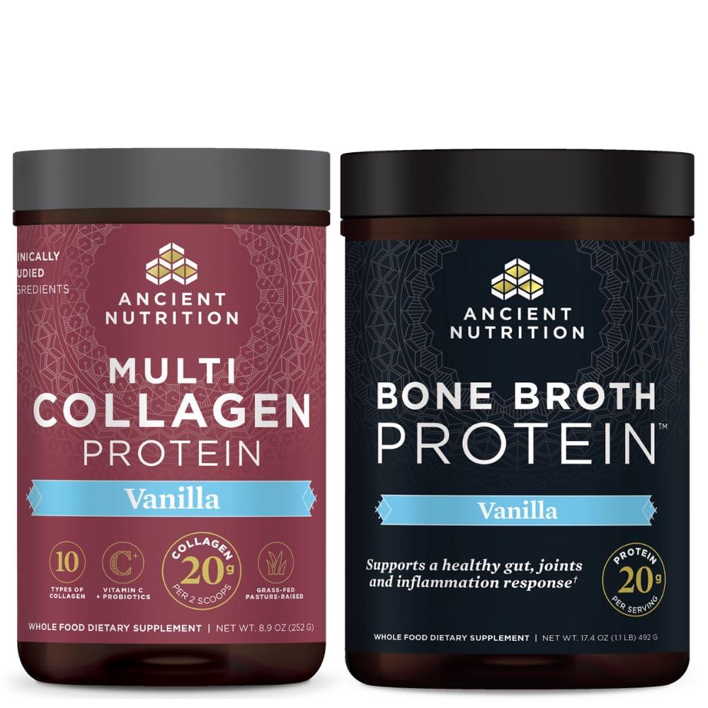 Ancient Nutrition Ancient Nutrition Multi Collagen Protein Powder, Vanilla, 24 Servings + Bone Broth Protein Powder, Vanilla, 20 Servings