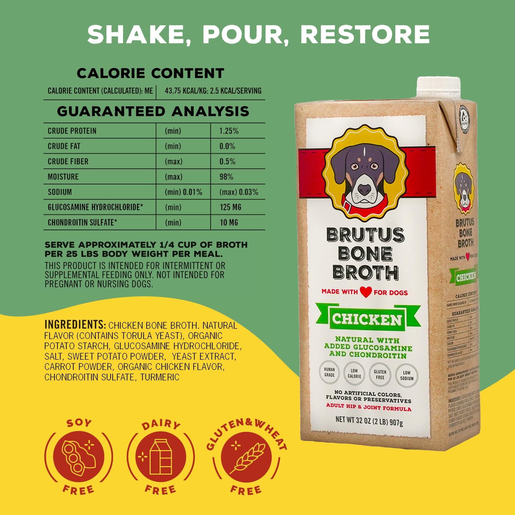 Brutus Bone Broth Brutus Chicken Broth for Dogs - All Natural Chicken Bone Broth for Dogs with Chondroitin Glucosamine Turmeric -Human Grade Dog Food Toppers for Picky Eaters & Dry Food -Tasty & Nutritious