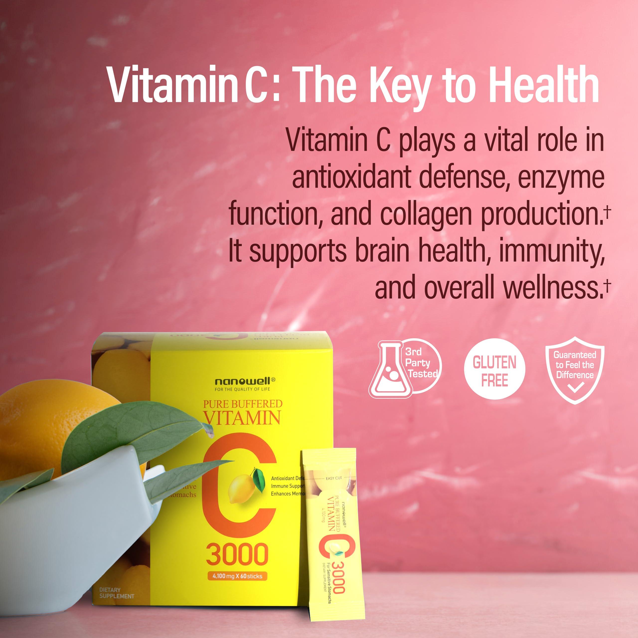 NANOWELL NANOWELL Pure Buffered Vitamin C Powder 3000mg per Serving, Dietary Supplement for Immune Support - 60 Sticks, 60 Day Supply