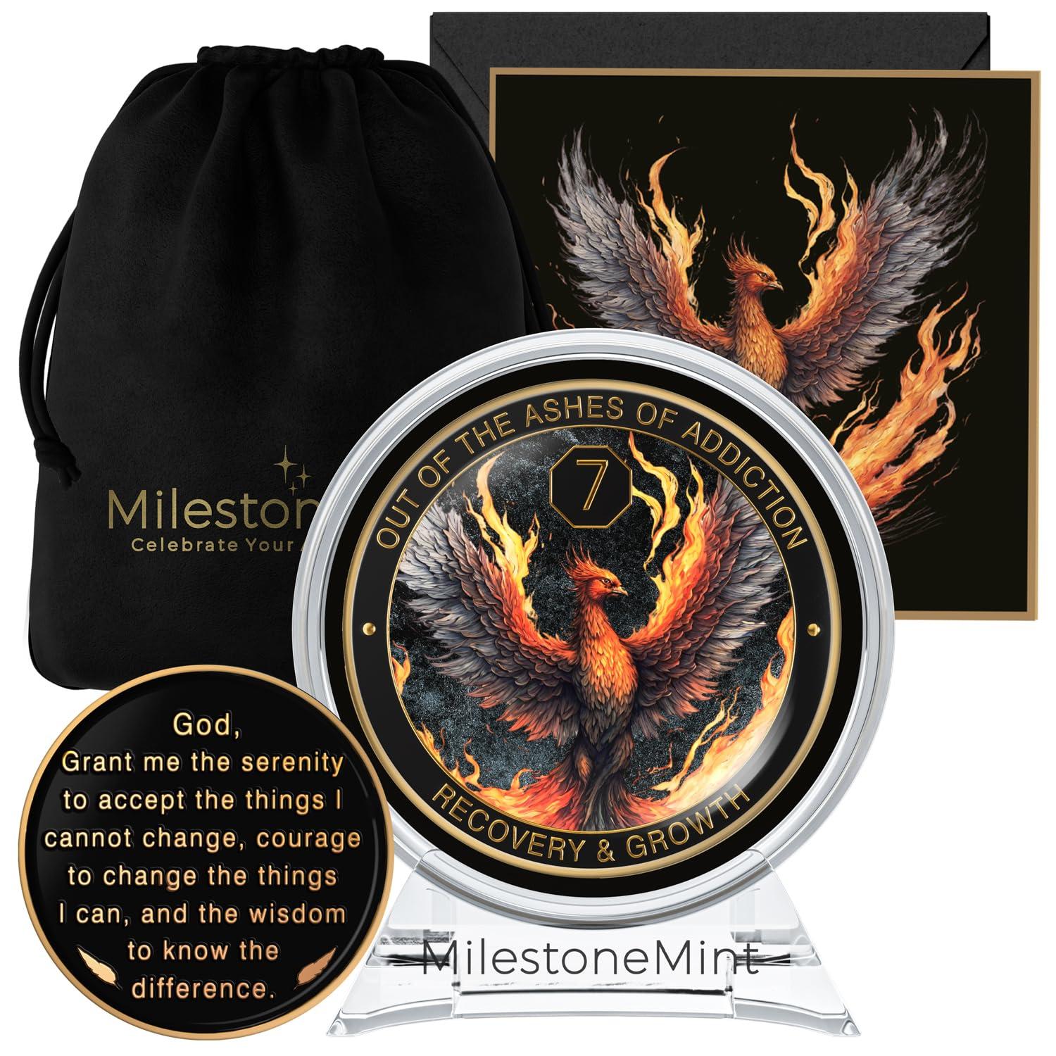 MilestoneMint MilestoneMint Phoenix Sobriety Coin | AA Chip Medallion Gift Set with Coin Capsule, Display Stand & Card for Sober Men & Women in Recovery | Sobriety Gifts for Anniversary Month & Year (7 Years)