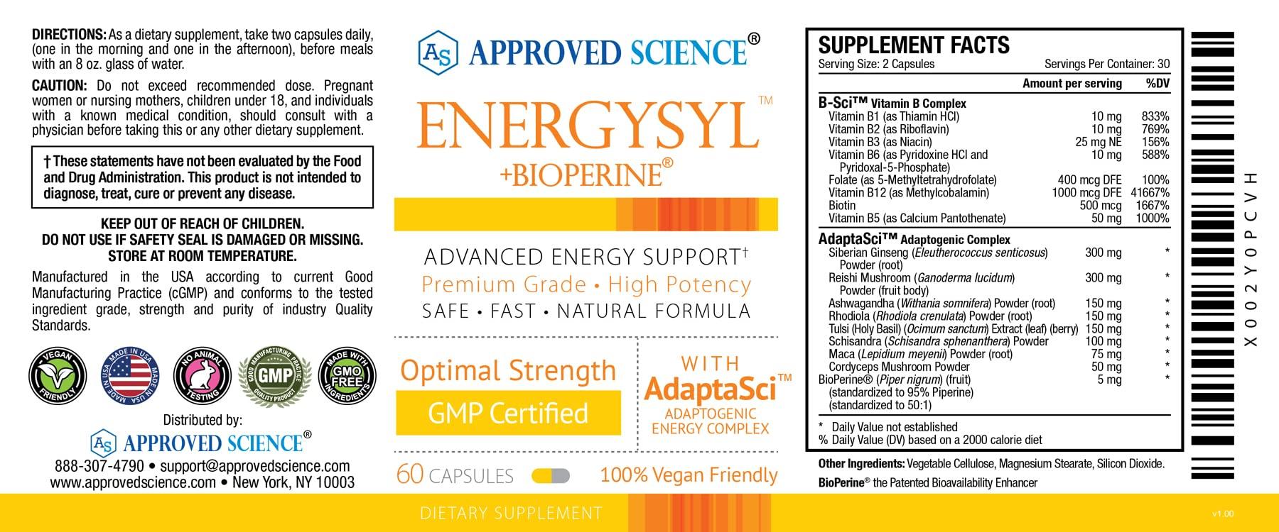 Approved Science Approved Science Energysyl - Caffeine Free - with Adaptogens, B Vitamins, and Bioperine - 3 Month Supply - 180 Capsules