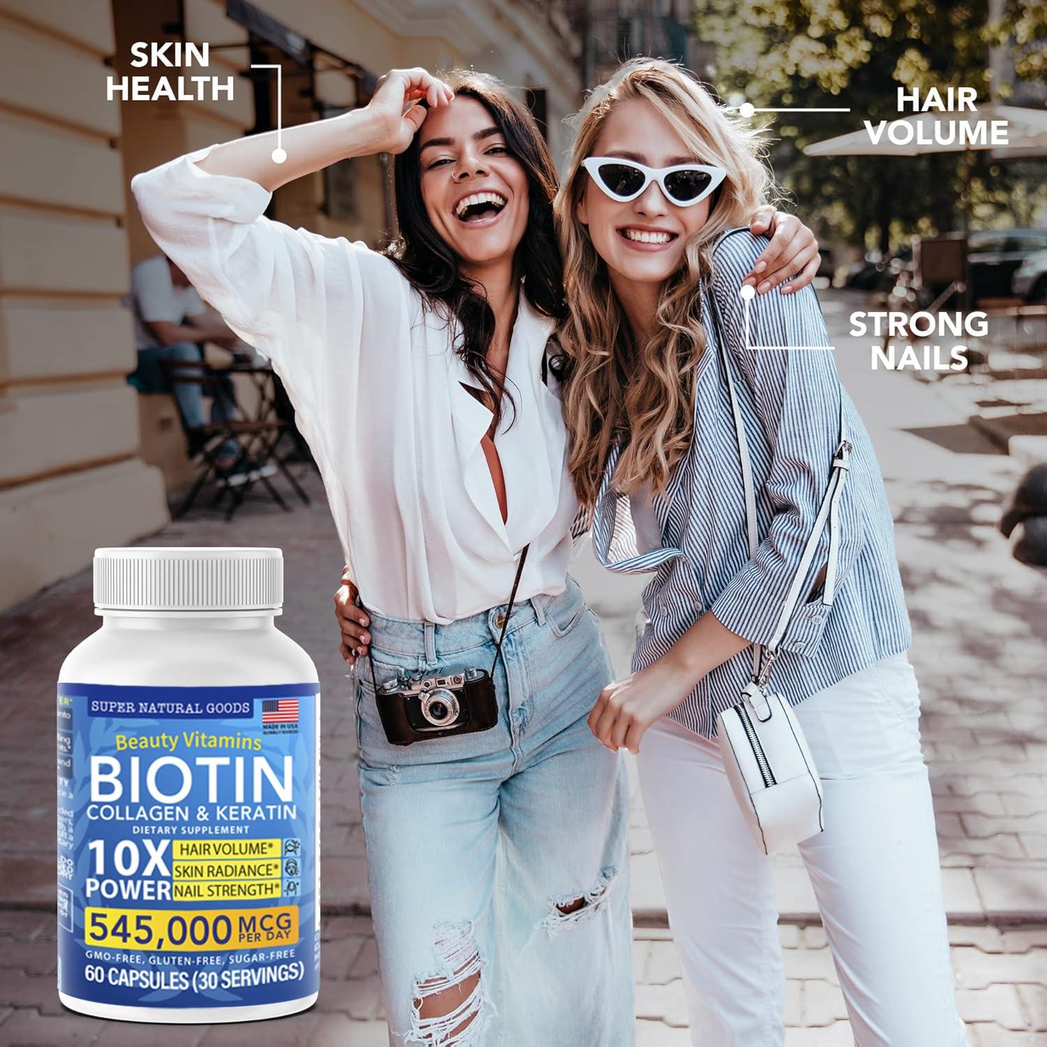 Super Natural Goods Biotin and Collagen Vitamins + Keratin with Folate - Hair Loss Treatments for Women & Men - Hair, Skin and Nails Supplements for Hair Growth & Postpartum Support - GMO Free & Gluten Free (60 Caps)