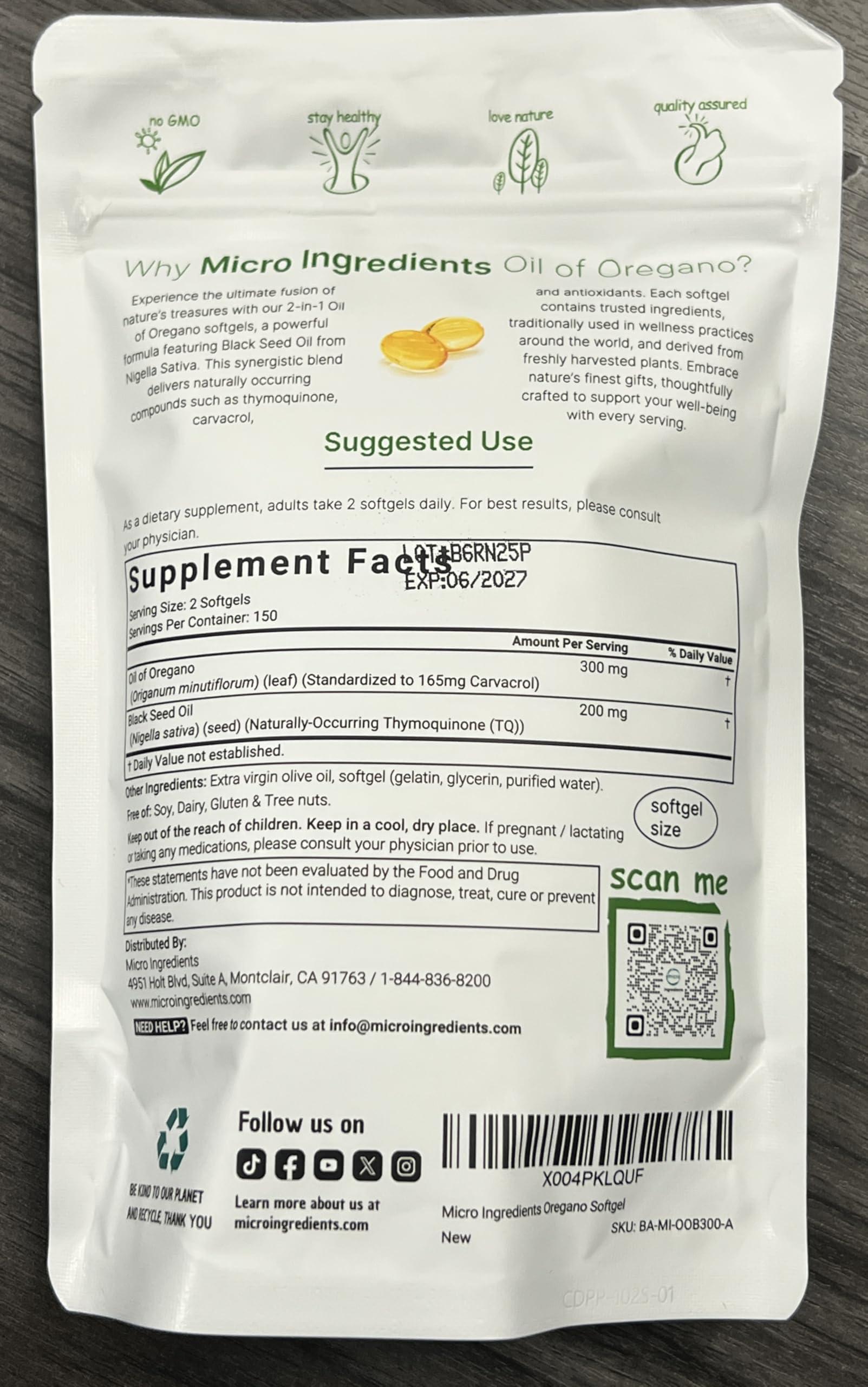 Micro Ingredients Micro Ingredients Oil of Oregano Softgels 6000mg Per Serving, 300 Count | 2 in 1 Formulated with Black Seed Oil 200mg, 4X Strength Carvacrol & Thymoquinone | Plant Based, Non-GMO & Immune Support