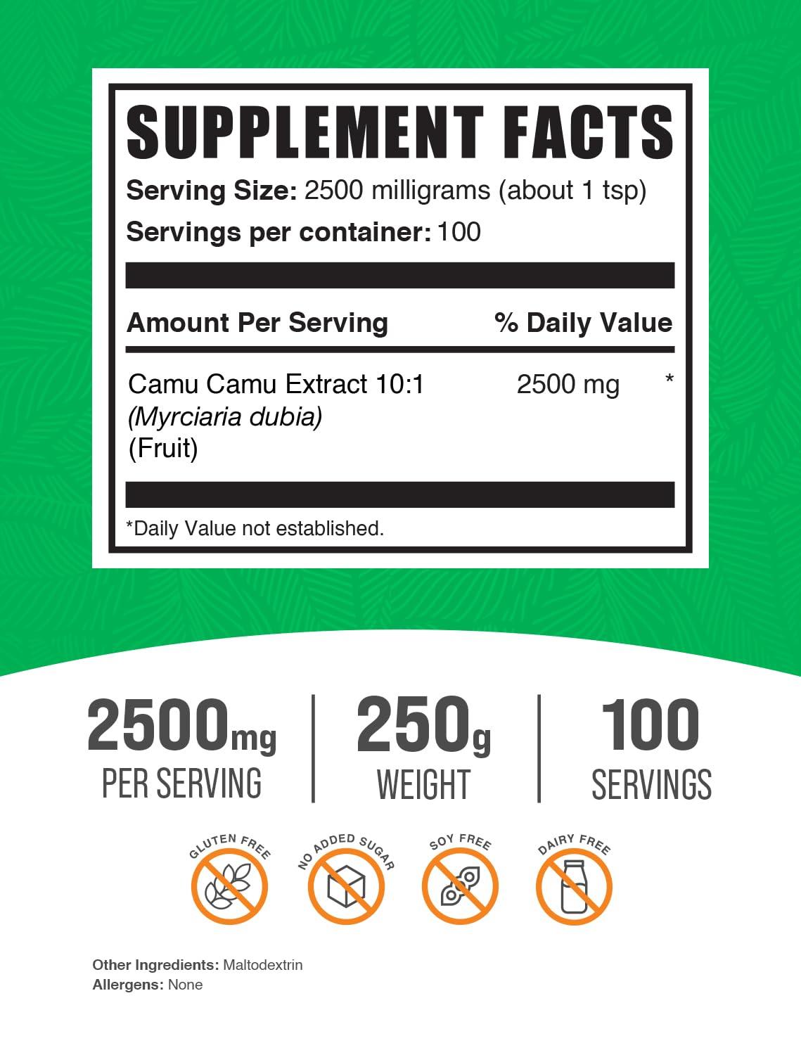 BULKSUPPLEMENTS.COM BulkSupplements.com Camu Camu Extract Powder - Superfood Supplement, Natural Vitamin C Supplement, Herbal & Gluten Free, 2500mg per Serving, 250g (8.8 oz) (Pack of 1)