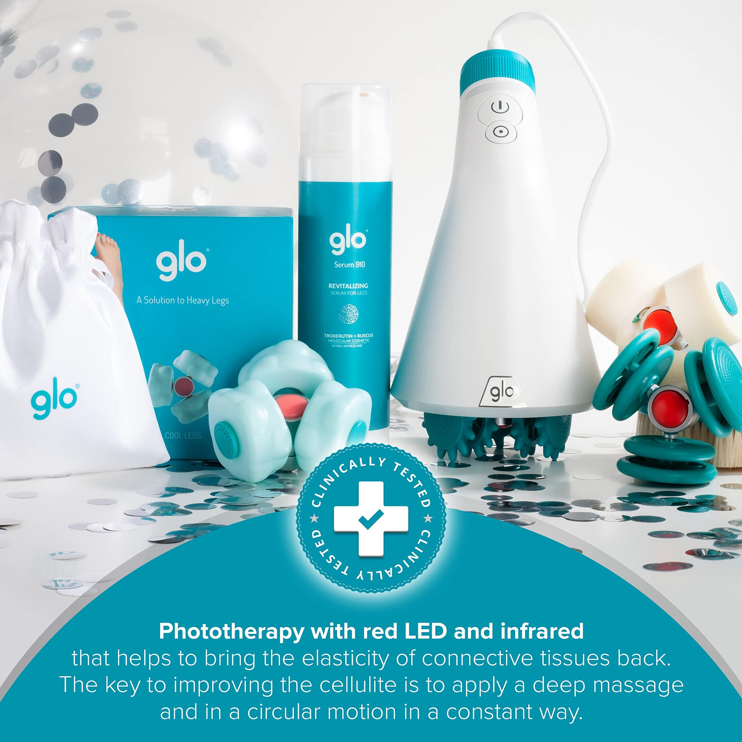glo glo Glo910+ - Anti-Cellulite Massager - 4 Interchangeable Heads with Phototherapy for Exfoliation & Drainage - for Legs, Thighs, Buttocks & Muscles - Clinically Tested