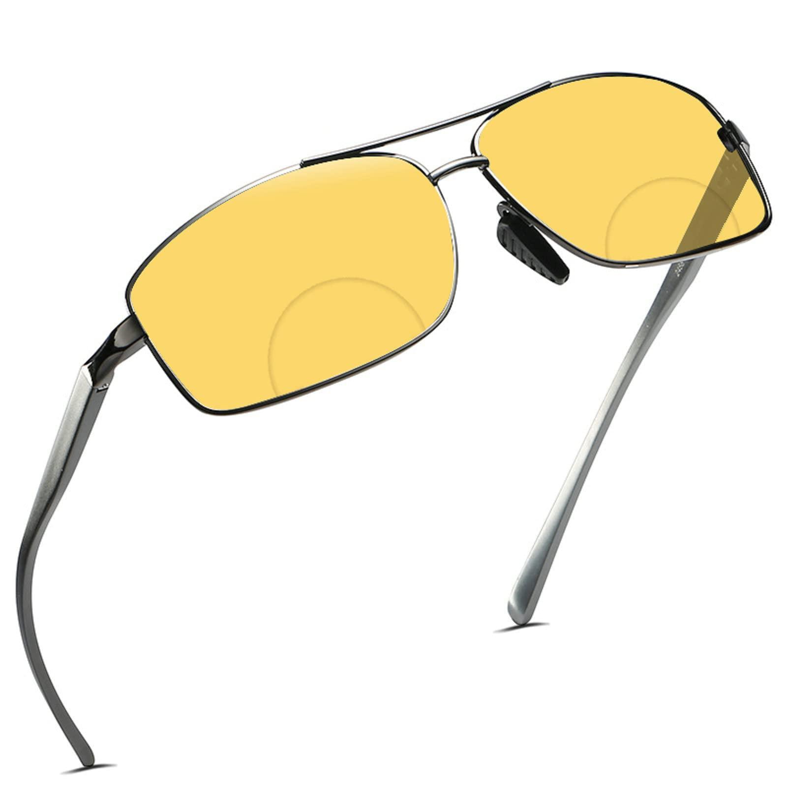 mincl Aluminum Magnesium Bifocal Sunglasses Readers Anti-glare Night Vision Magnified Presbyopia Reading Glasses for Men (gray&yellow, 1.0 x)