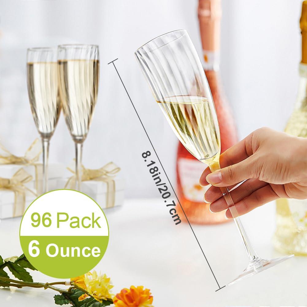 Homvle Homvle Plastic Champagne Flutes 96 Pack, Disposable Plastic Champagne Glasses 6 OZ, 1- Piece Construction Plastic Wine Glasses for Parties/Wedding