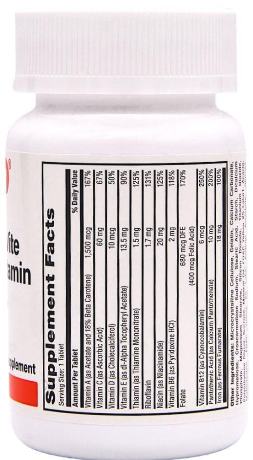 RUGBY LABORATORIES Rugby Tab-A-Vite Multivitamin with Iron and Beta-Carotene Multivitamin/Mineral Supplement - 1000 Tablets