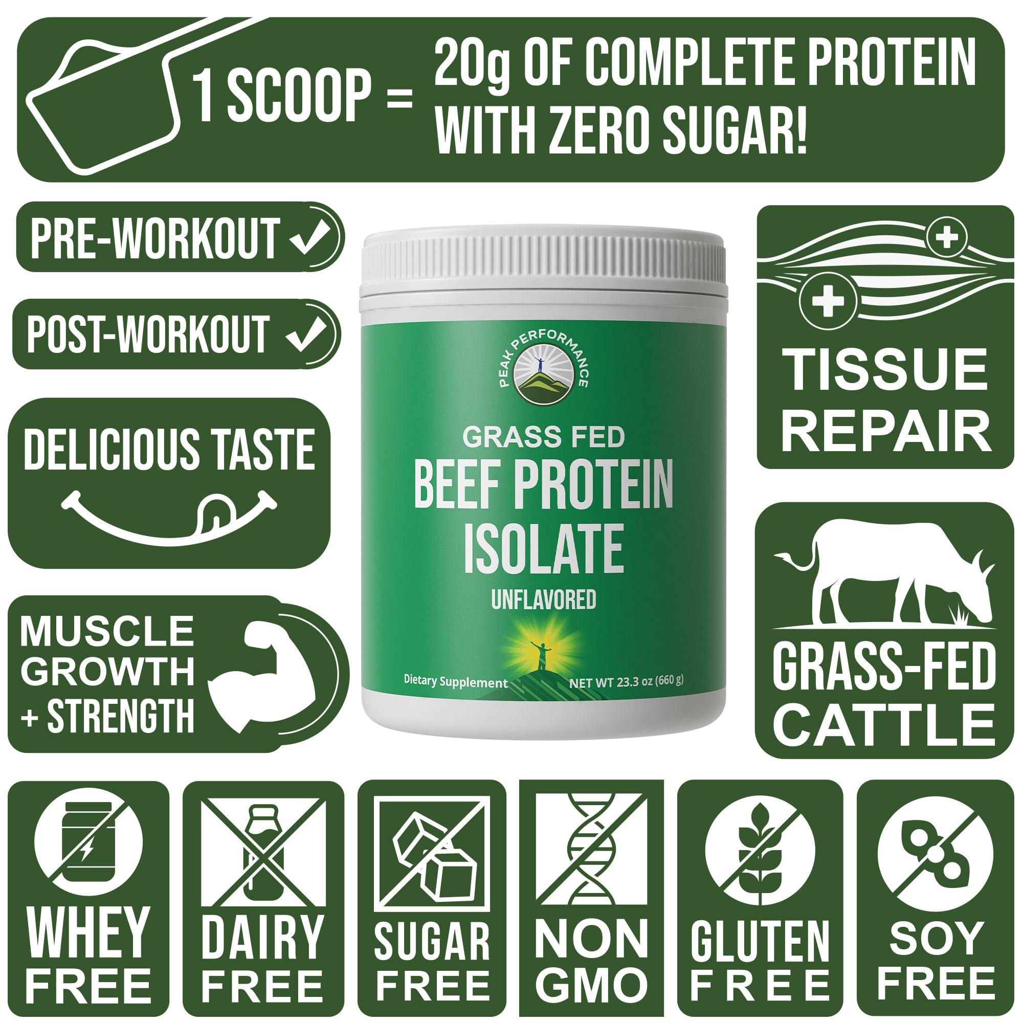 Peak Performance Grass Fed Beef Protein Powder - Lactose Free Great Tasting Beef Protein Isolate. Complete Animal Based Non Dairy Paleo Carnivore Supplement for Prime Muscle Building. No Whey. Unflavored