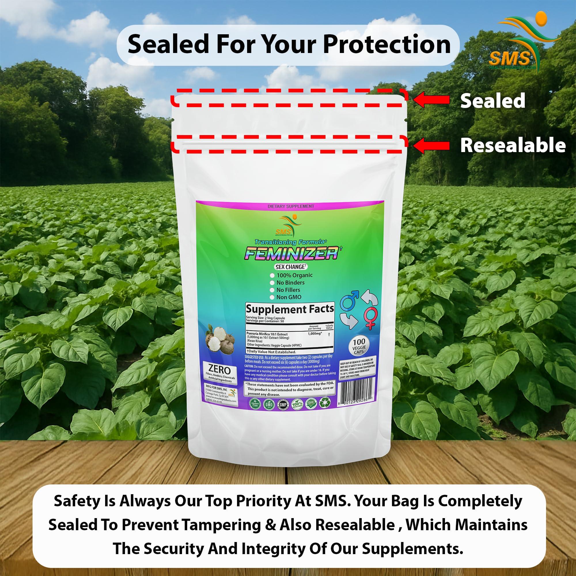 SMSHEALTHPRODUCTS.com Feminizer Sex Change Pills by SMS, 100 Veggie Caps Pueraria Mirifica For Estrogen 1,000mg Pure 10:1 Root Extract Powder - Kwao Krua Kao - Premium Grade, Organic for Women, Transgender, Ladyboy, LGBT