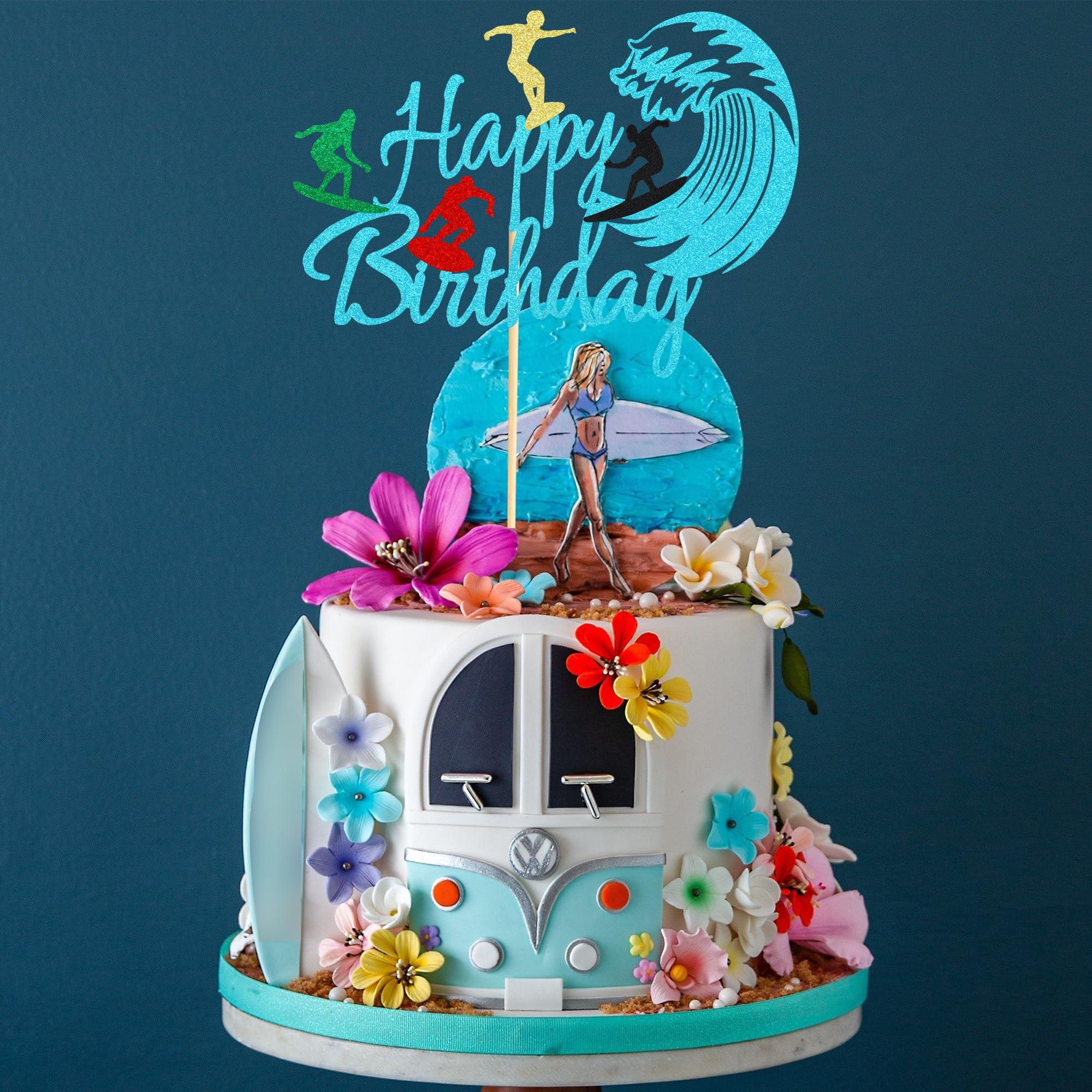 Arthsdite Arthsdite 1 Pc Surfing Happy Birthday Cake Topper, Surfboard Birthday Cake Topper for Summer Hawaii Beach Surfing Sports Surfer Themed Party Decorations - Blue Glitter