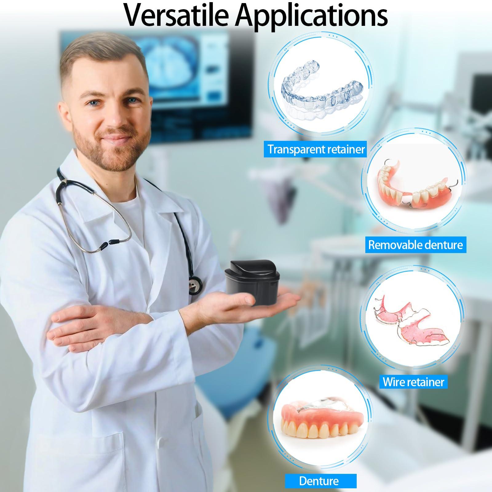 EZEELAI Denture Bath Case Retainer Cleaner Case with Strainer Basket, Denture Cup Dental Retainer Holder Case for Soaking Mouthguard Cleaning Storage Box Case - Black and White