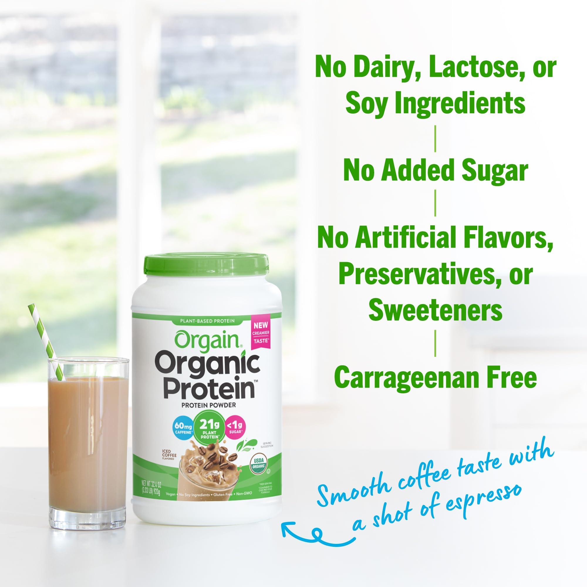 Orgain Orgain Organic Vegan Protein Powder, Iced Coffee - 21g Plant Protein, 60mg of Caffeine, Low Net Carb, No Lactose Ingredients, No Added Sugar, Non-GMO, Shakes & Smoothies, 2.03 lb (Packaging May Vary)