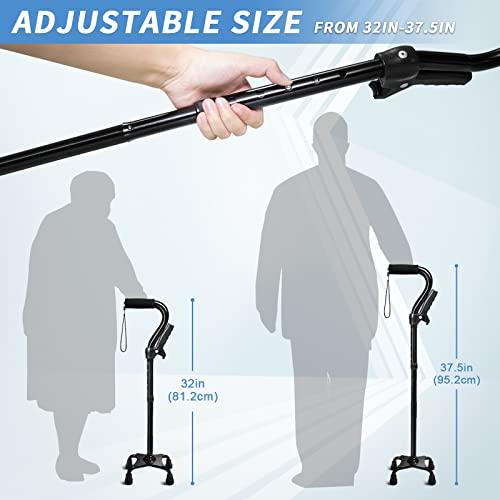 KingPavonini Adjustable Walking Cane for Men & Women with 4-Pronged Base for Extra Stability - Foldable Cane for Seniors with Foam Padded Offset Handle for Soft Grip & a Second Handle for Standing Black