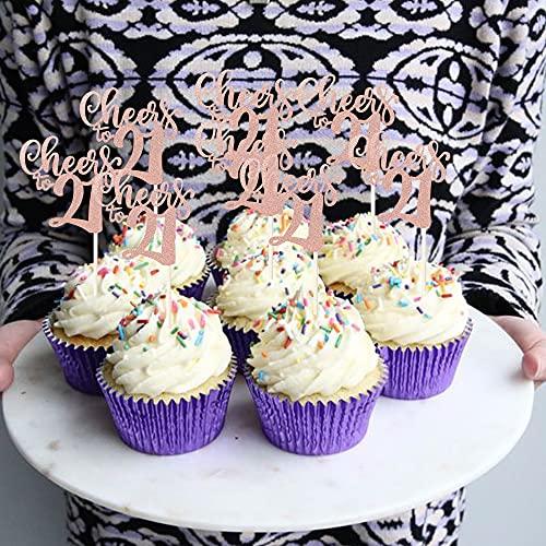 ZHUOWEISM 36 PCS Cheers to 21 Cupcake Toppers Glitter 21th birthday Cupcake Picks Decorations for 21th Wedding Anniversary Birthday Party Supplies Rose Gold