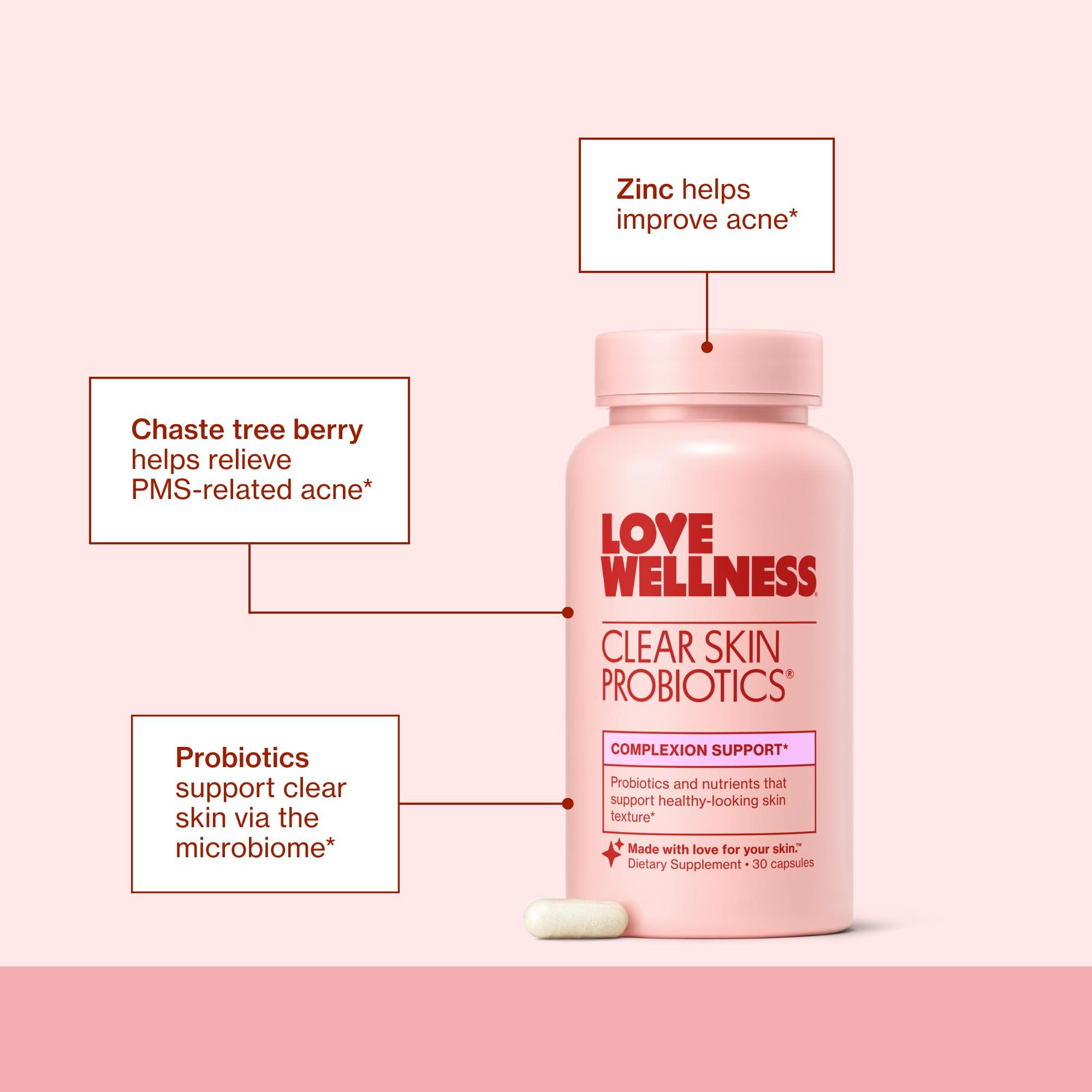 Love Wellness Love Wellness Clear Skin Probiotic | Clear Up Hormonal Acne Pimples, Redness & Pore Minimizer | Skin Care with Zinc, Bifidobacterium Longum & Chaste Tree Fruit Extract | Acne Treatment | 30 Count