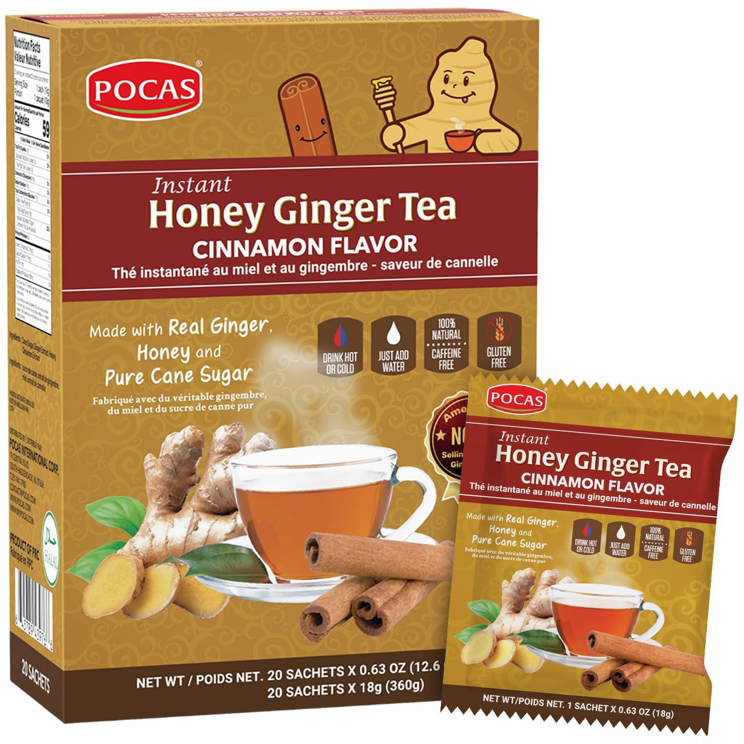 Pocas Pocas Honey Ginger Tea - Instant Tea Powder Packets with Cinnamon & Ginger Honey Crystals Tea, Non-GMO/Gluten Free/Caffeine Free Tea, 20 Count