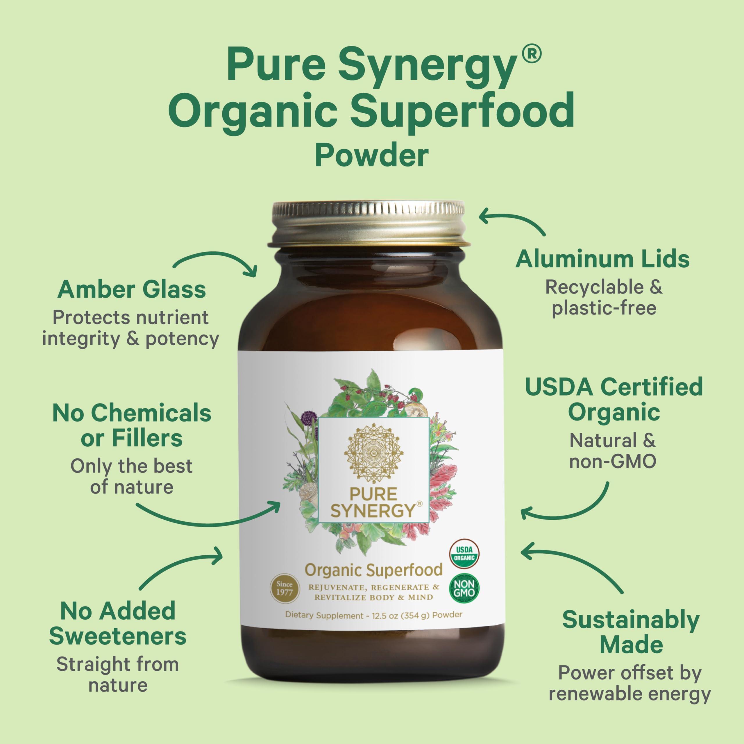 PURE SYNERGY PURE SYNERGY Organic Superfood Powder | Green Superfood Powder | Whole Food Supplement with Organic Greens, Spirulina and Mushrooms | for Energy, Healthy Aging, and Immune Health (12.5 oz)