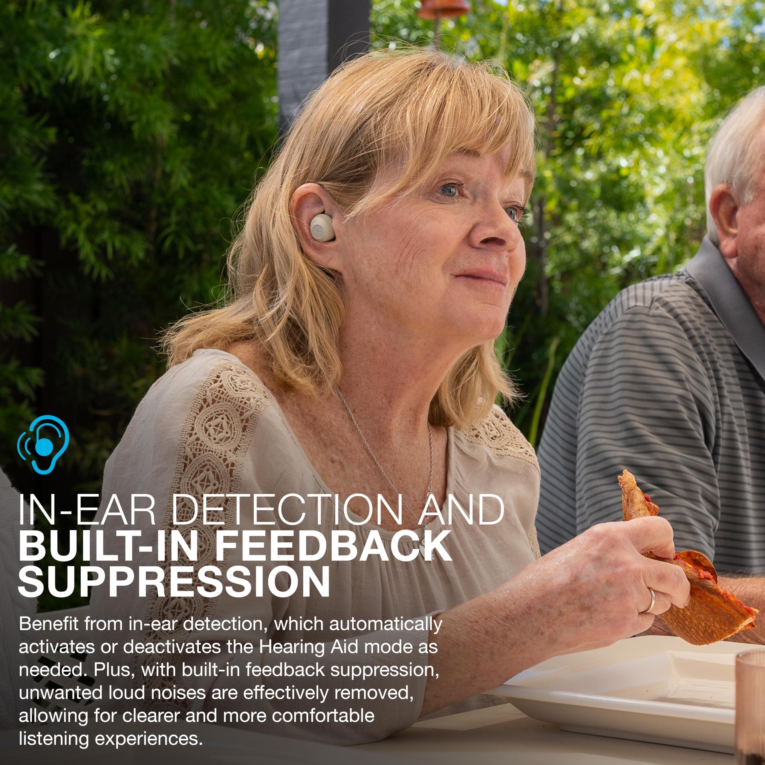 JLab JLab Hear OTC Hearing Aid & Earbuds, Cloud White, Traditional Earbud Fit, Four Preset Hearing Modes, In-Ear Detection and Built-in Feedback Suppression, Independent Volume Control and Touch Controls