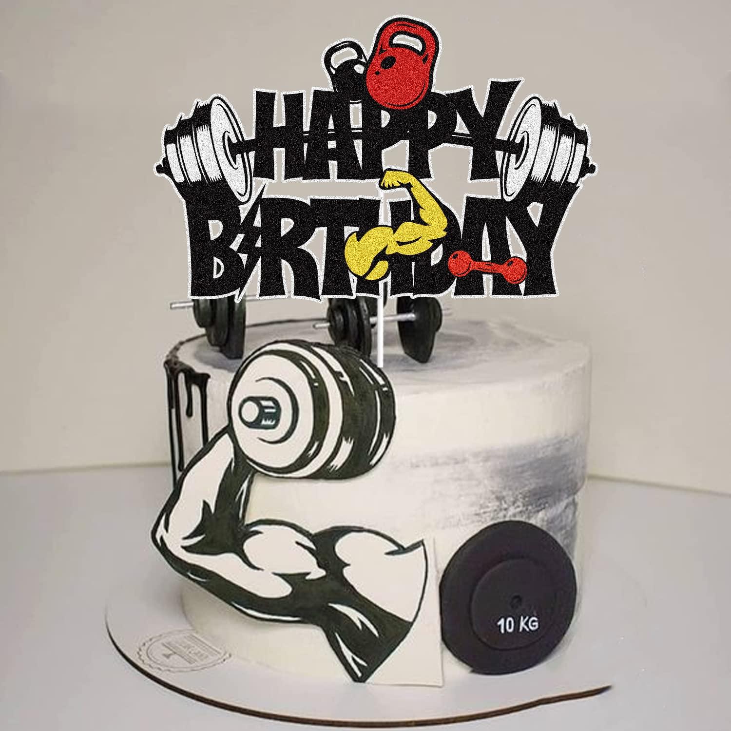 LINGBOOM Gym Fitness Happy Birthday Cake Topper Black Weightlifting Birthday Cake Decoration Cross Fit Fitness Theme Party Birthday Supplies for Man Woman