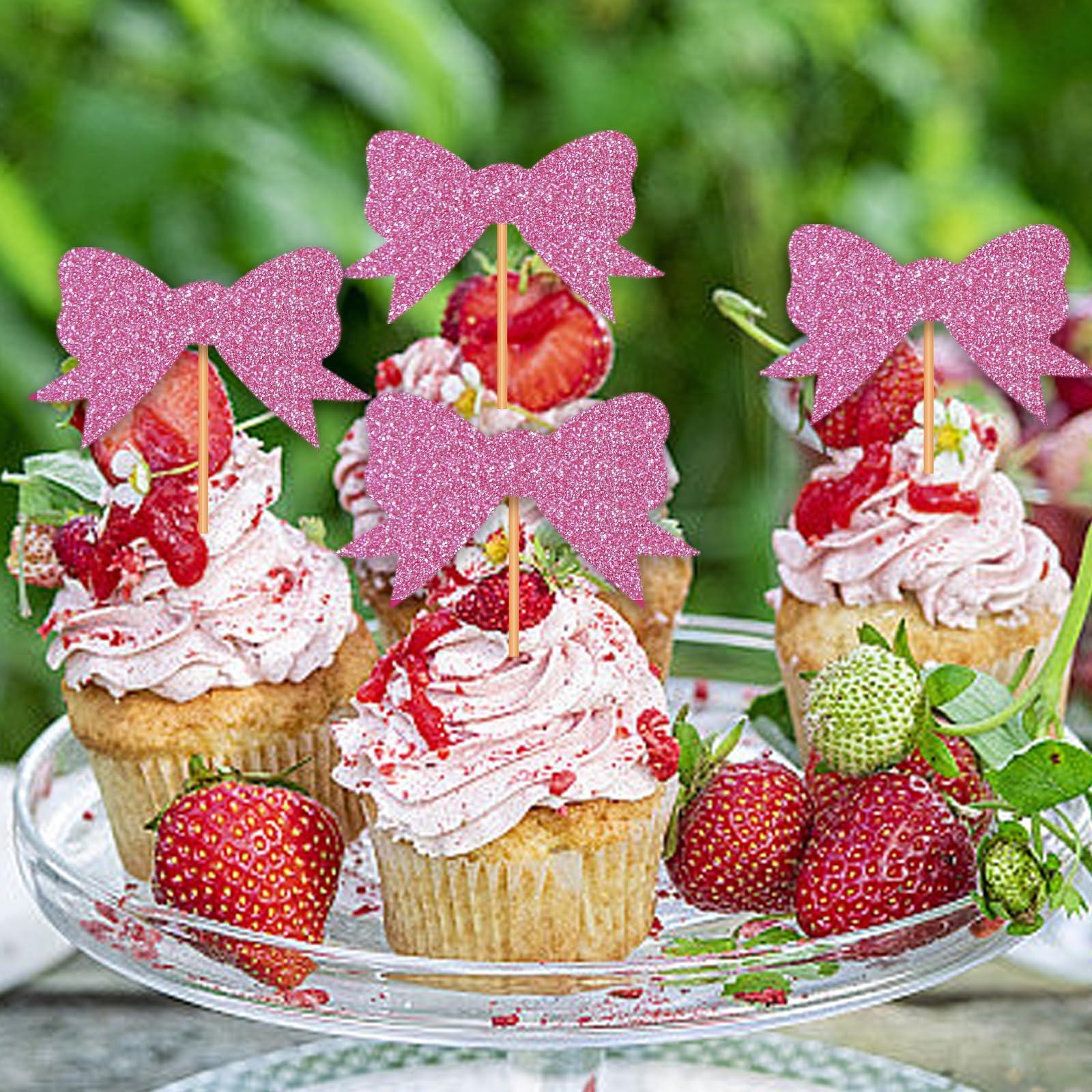 Blopee Blopee Cupcake Toppers, Pink Cupcake Toppers for Birthday Party, Princess Cupcake Toppers for Girls Birthday, 12 pcs Bowknot Cupcake Decorations for Bridal Baby Shower Birthday Wedding Themed Party