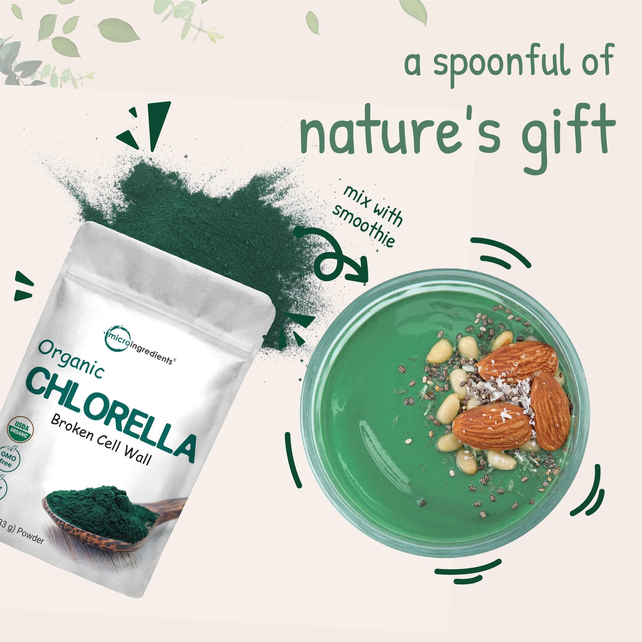 Micro Ingredients Micro Ingredients Organic Chlorella Powder, 10 Ounce, Broken Cell Wall, Rich in Vegan Proteins & Vitamins, Raw, Bulk Premium Chlorella Supplement, Vegan Friendly, Non-Irradiation