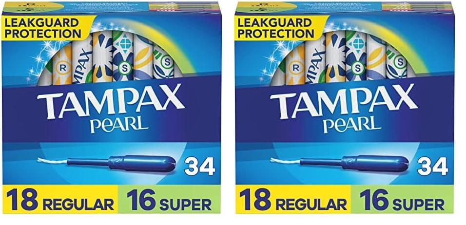 Tampax Tampax Pearl Tampons Multipack, Regular/Super Absorbency, with Leakguard Braid, Unscented, 34 Count (Pack of 2)