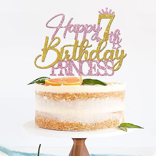 RoadSea RoadSea Princess 7th Birthday Cake Topper - Happy 7th Birthday Cake Supplies for Girl - Girl Seven Years Old Birthday Party Decorations - Pink & Gold Glitter (7th)