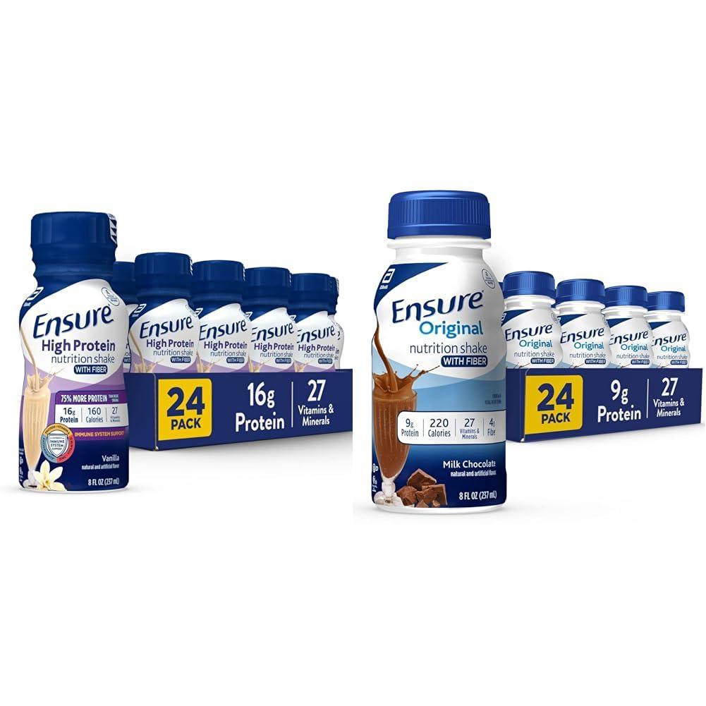 Ensure Ensure High Protein Nutritional Shake With Fiber, 16g Protein, Meal Replacement Shakes & Ensure Original Milk Chocolate Nutrition Shake With Fiber | Meal Replacement Shake | 24 Pack