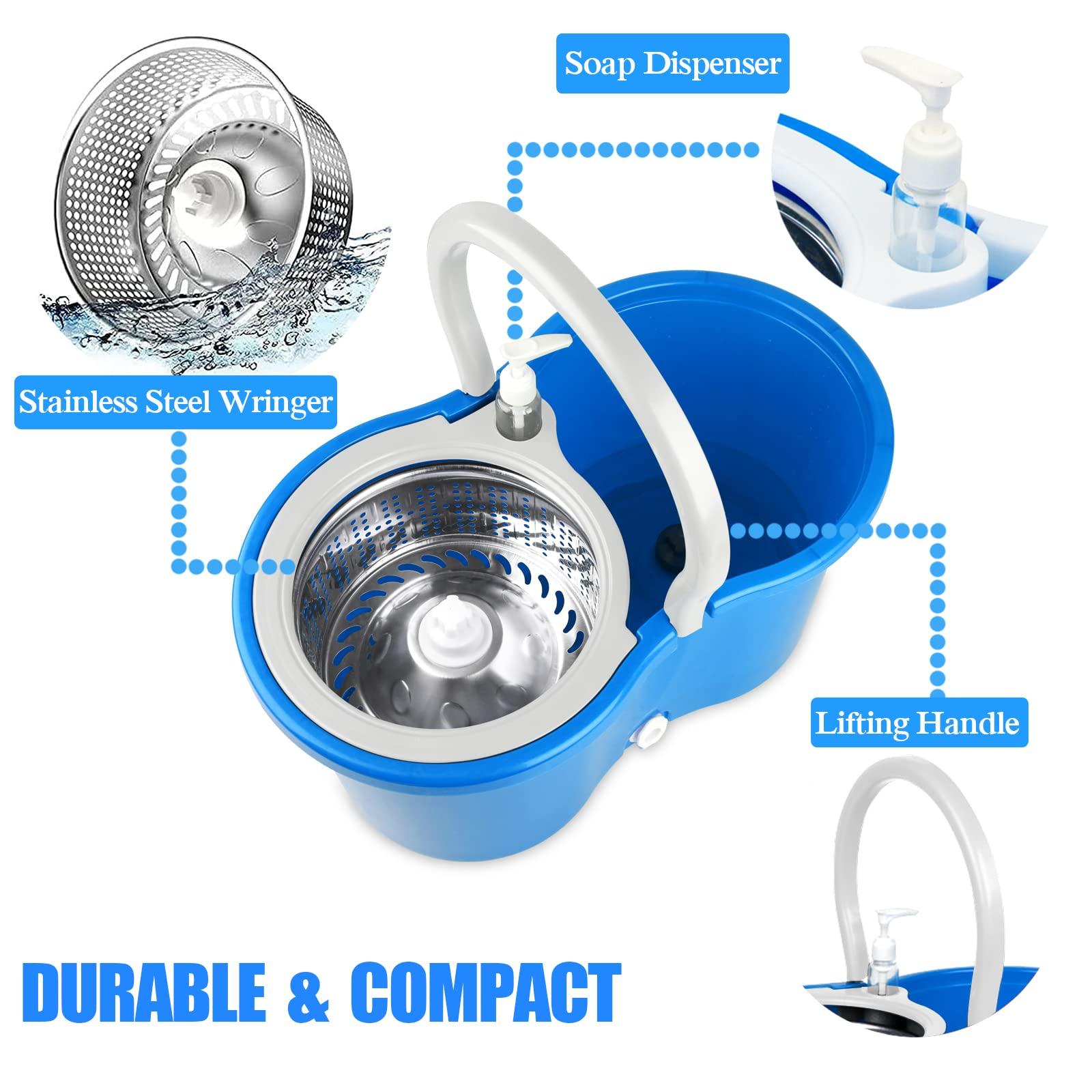 Gzdisbek Spin Mop and Bucket System | 360 Spin Mop and Bucket with Wringer Set | Mops for Floor Cleaning | 3 Microfiber Mop Replacement Head Refills | 61\" Extended Handle | Wet and Dry Use Floor Mop