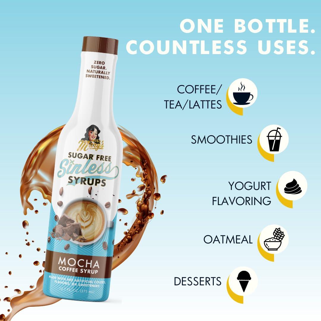 Miss Mary's Sugar Free Sinless Syrups Sugar Free Mocha Sinless Syrup - Sugar Free Coffee Syrup, Hot or Iced Coffee, No Sugar, Keto Friendly, Plant Based, Natural & Organic Ingredients, No Artificial Sweetener, Mocha, 1 Pack