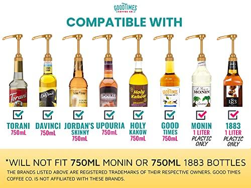 Good Times Coffee Co. Gold Coffee Syrup Pump for 750 ml Bottles (Pack of 4) Fits Upouria, Torani, Davinci, Jordans Skinny Syrups, and (Monin 1 Liter Plastic Bottles Only)
