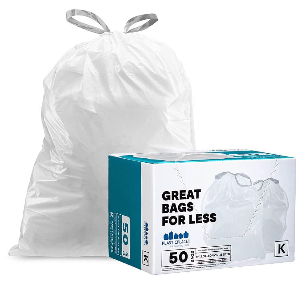 Plasticplace Plasticplace Custom Fit Trash Bags, Compatible with simplehuman Code K (50 Count) White Drawstring Garbage Liners 10 Gallon / 38 Liters 24\" x 28\"