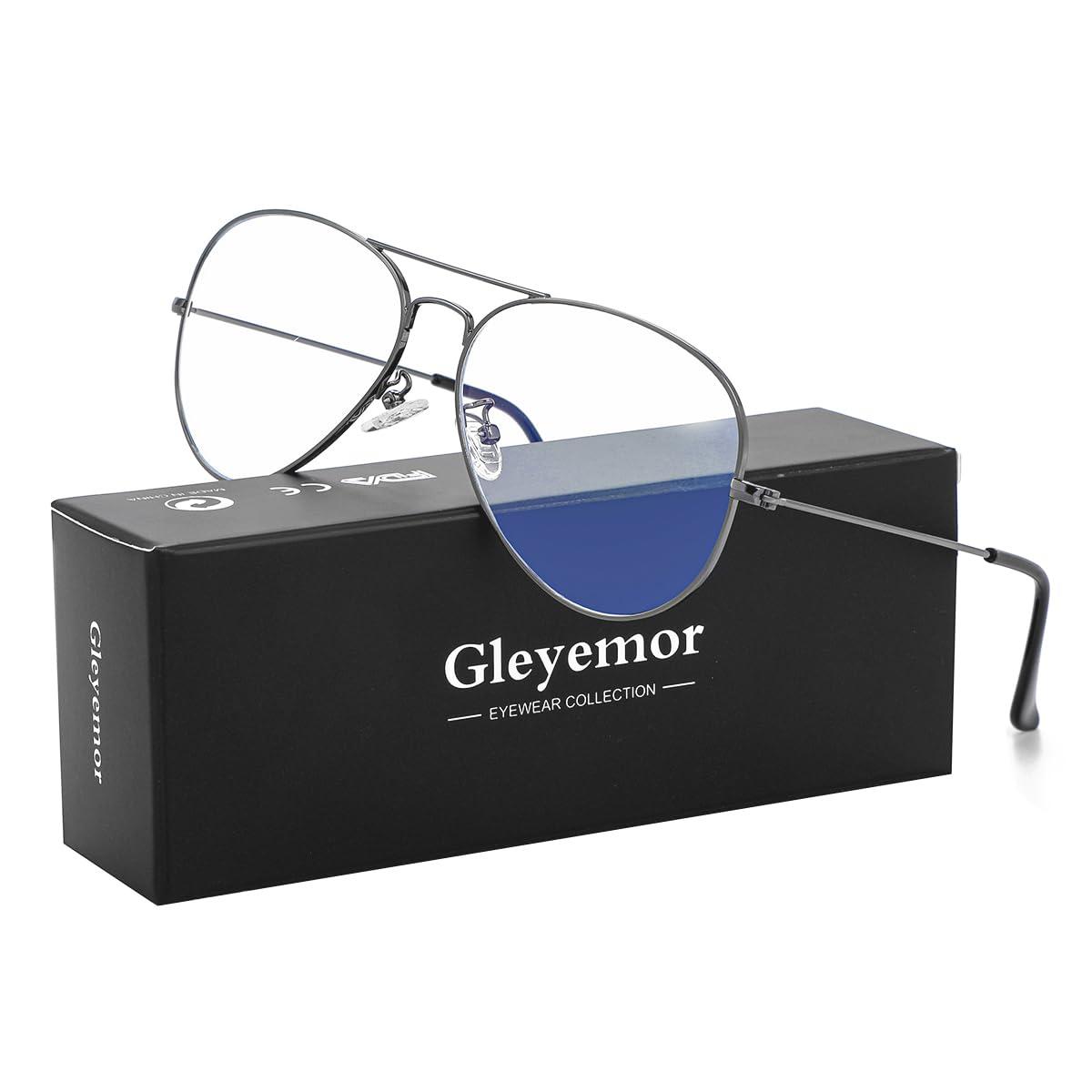 Gleyemor Classic Aviator Blue Light Glasses for Women Men, Metal Frame Clear Lens Eyeglasses (Gunmetal)