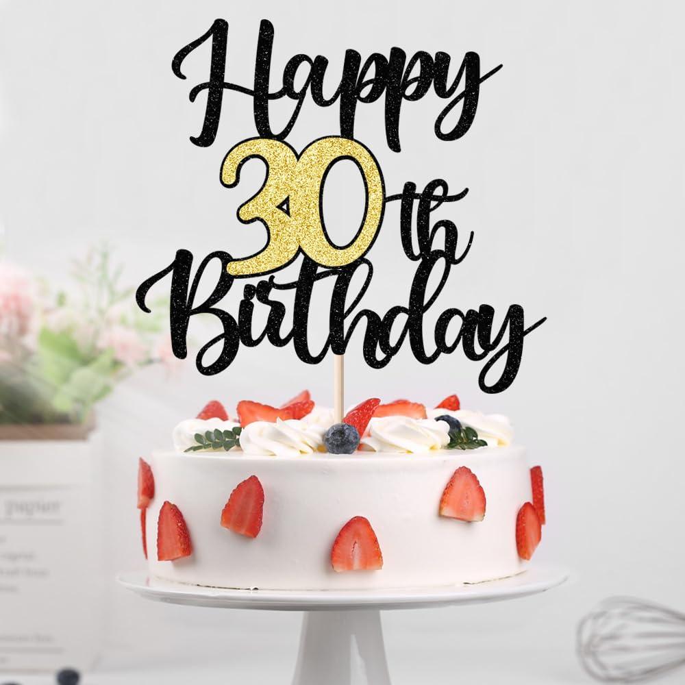 Auteby Auteby Happy 30th Birthday Cake Topper Black Gold Glitter Happy Birthday Cake Topper Cake Pick 30 Fabulous Cake Decoration for Happy 30th Birthday Theme Party Decorations Supplies (Black Gold, 30)