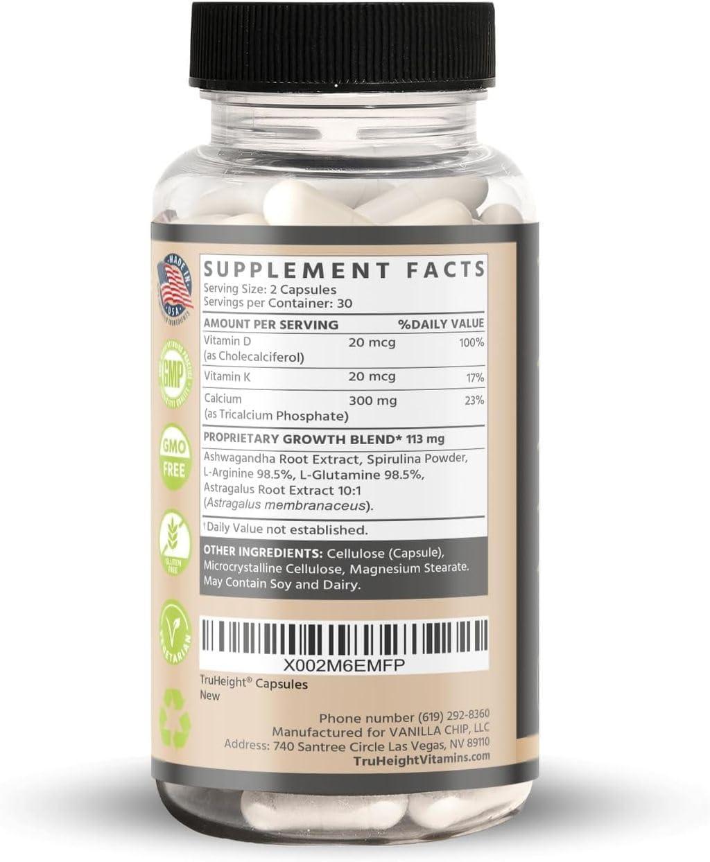 AmmoniaSport TruHeight Growth Capsules - Natural Growth & Development Supplement for Kids & Teens - Endorsed by Pediatricians - Vitamin D, K, Calcium & Ashwaganda - Bone Strength Capsules - Kids Vitamins - Ages 5+