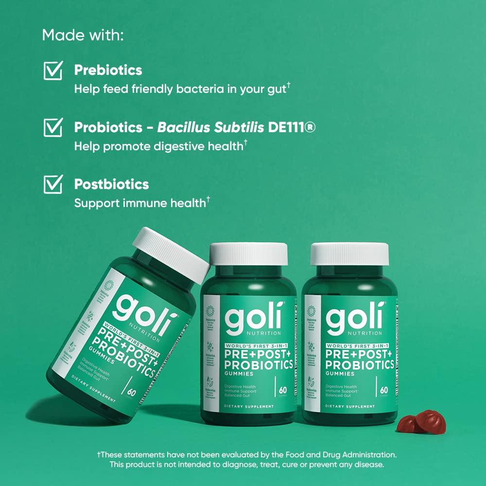 Goli Goli Nutritional Supplement, Pre+Post+Probiotics Gummy - 180 Count - World\'s First 3-in-1 Gluten-Free, Vegan, Non-GMO, and Gelatin-Free.
