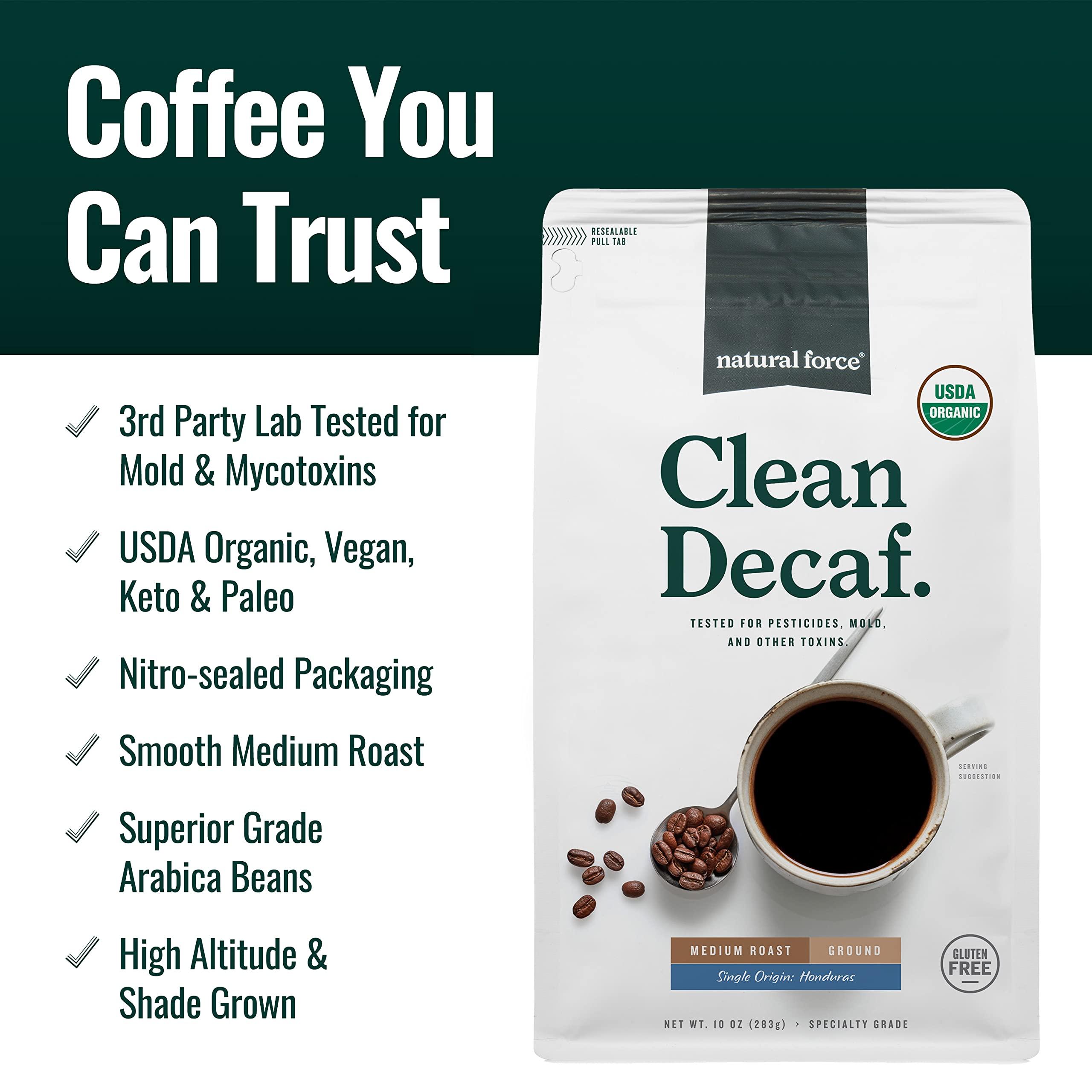 Natural Force Natural Force - Organic Clean Decaf Coffee, Mold & Mycotoxin Free, Lab Tested for Toxins & Purity, Low Acidity, Incredible Taste & Aroma, Ground Swiss Water Decaf Medium Roast, 10 oz
