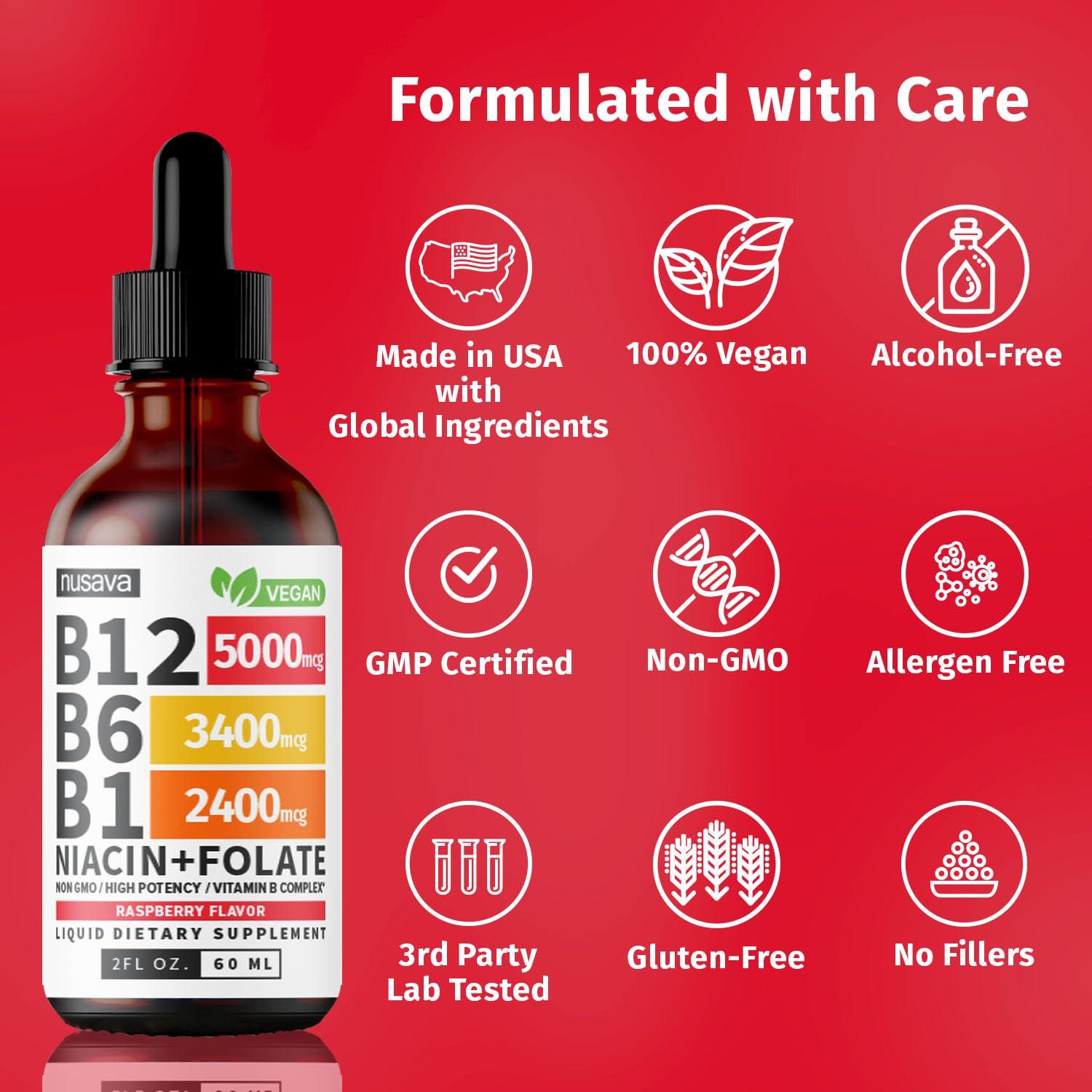 NUSAVA NUSAVA (2 Pack) Vitamin B12 and B6 Liquid Drops, Sublingual Vitamin B Complex B12 Methylcobalamin for Energy, Brain, Heart Support with 27,200 mcg, 80 Servings