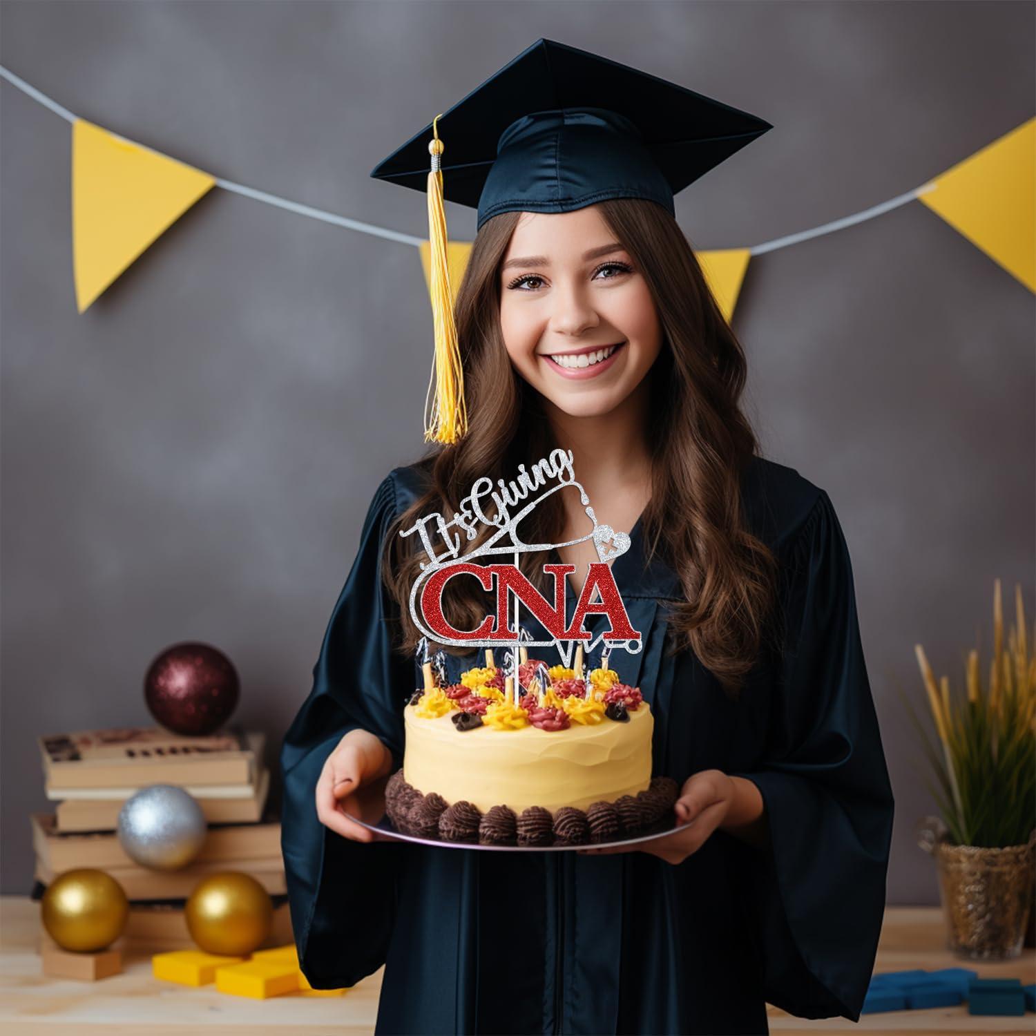 PYBHILK Red Glitter It\'s Giving CNA Cake Topper, CNA Class of 2024/Congrats Nurse/Congrats CNA, 2024 CNA Graduation Party Decorations Supplies