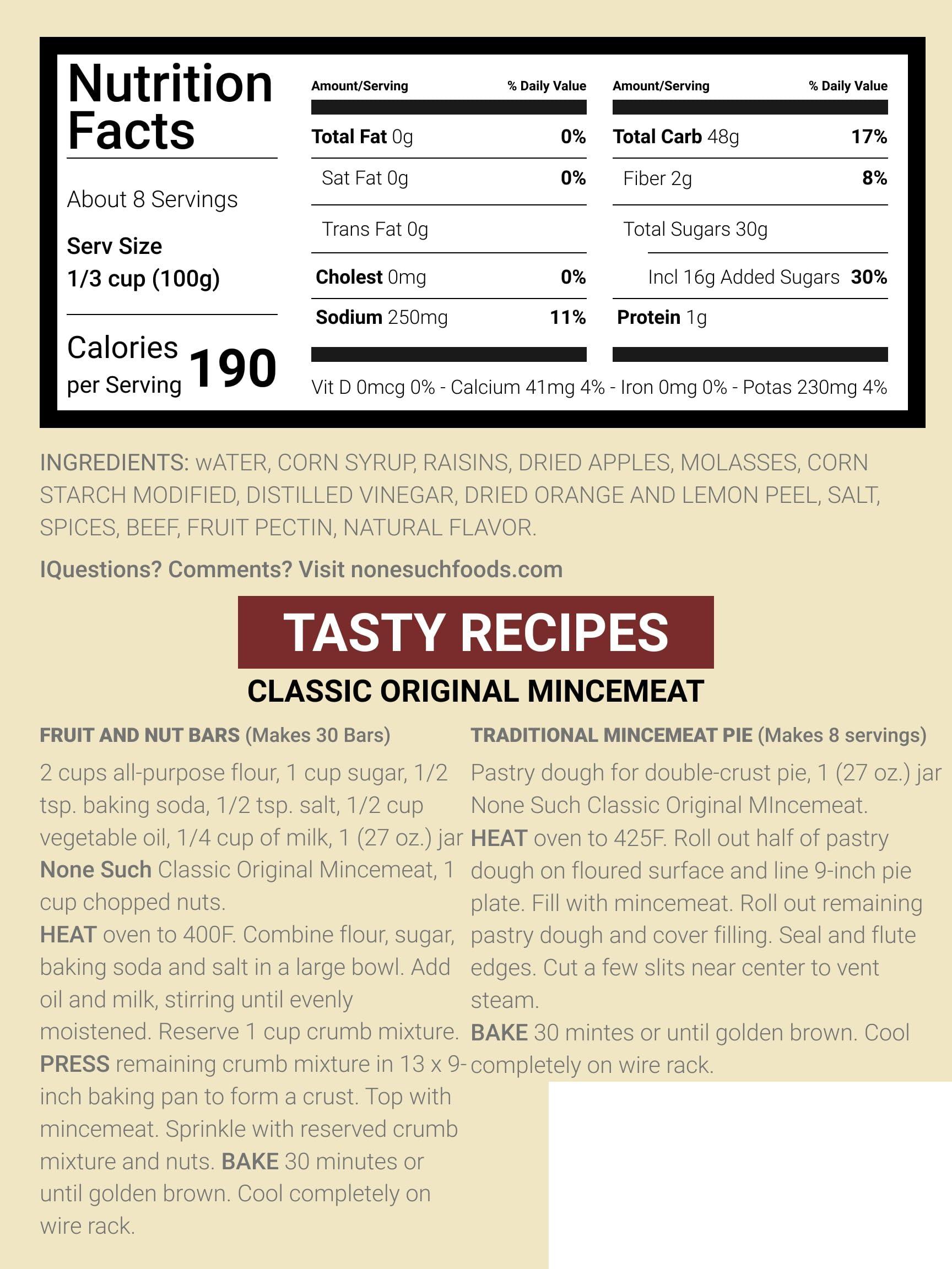 None Such None Such Mincemeat Classic Original, with Apples and Raisins, Gourmet, All Natural, No High Fructose Corn Syrup, 27 Ounce (Pack of 2)
