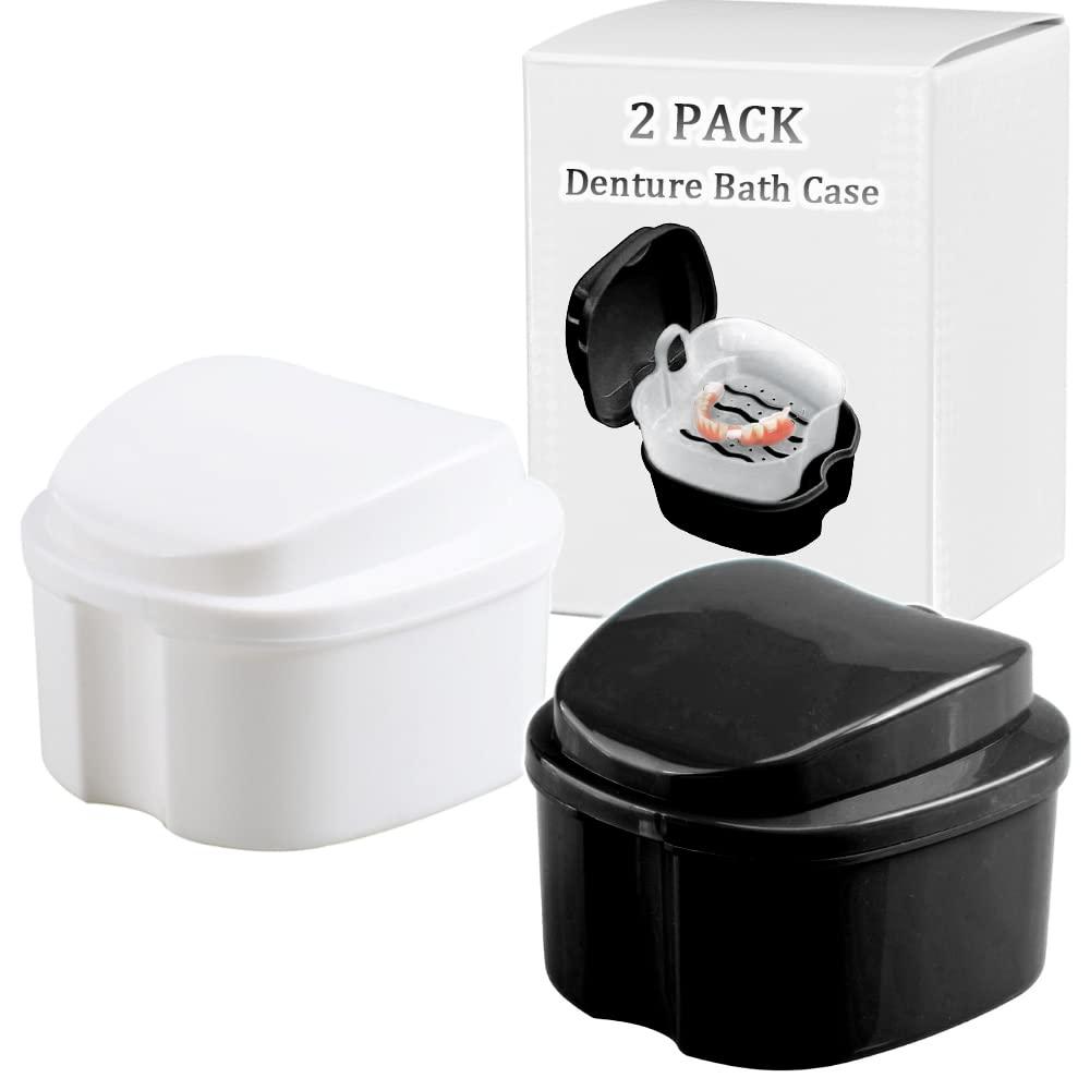 THINKPRICE Denture Bath Box Cup Container Case, Complete Clean Care for Dentures, Clear Braces, False Teeth, Mouth Guard, Night Guard & Retainers,Traveling (Black & White)