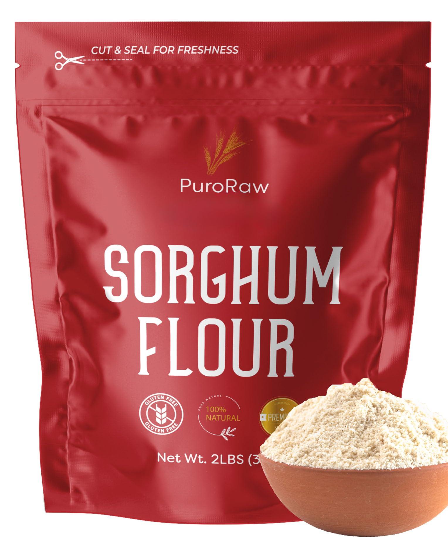 PuroRaw Sorghum Flour, 2lbs, Gluten Free flour, Jowar Flour, Sweet White Sorghum Flour Gluten Free, Sweet Sorghum Flour, Whole Grain, All Natural, Batch Tested, Non-GMO, 2 pounds, By PuroRaw.