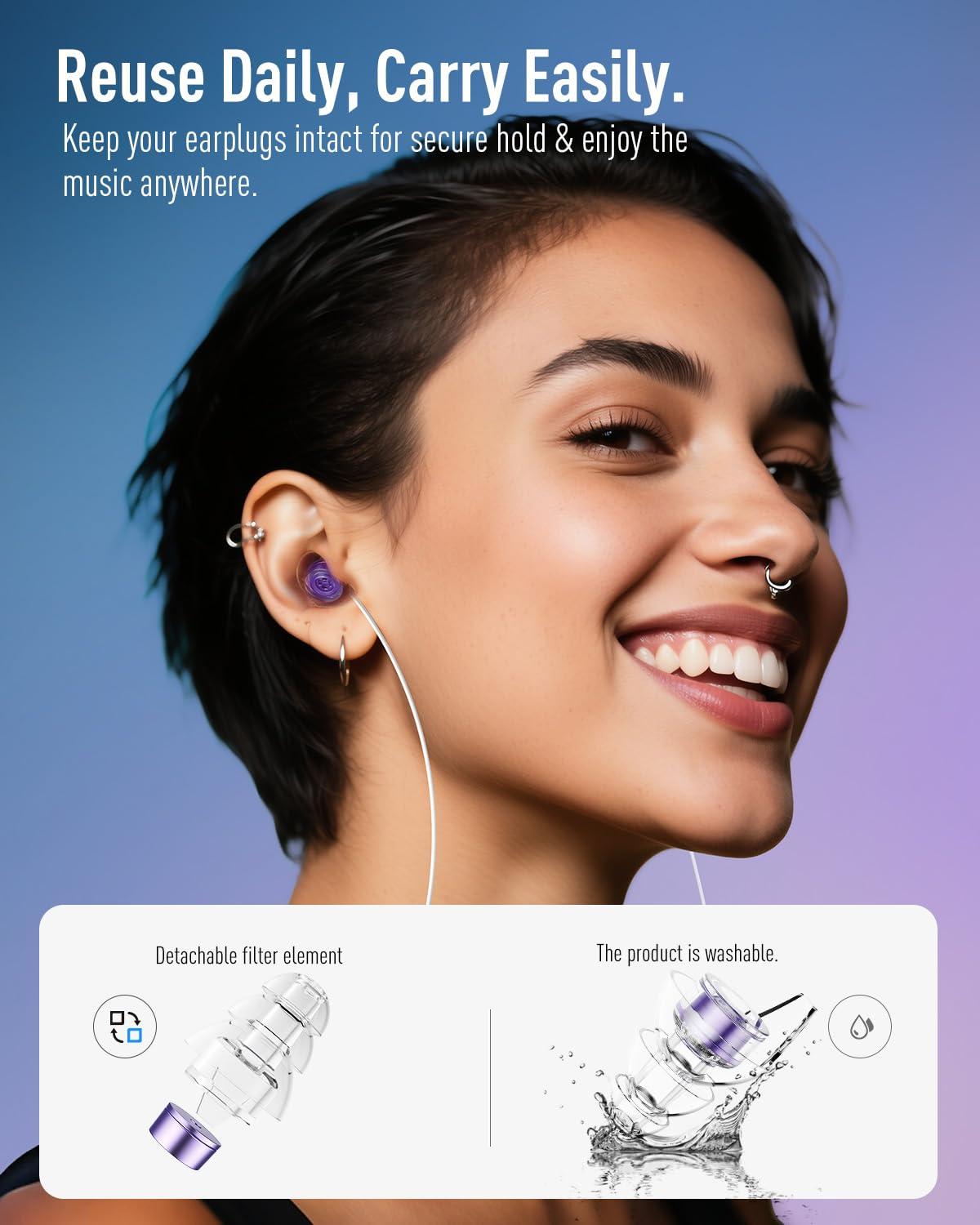 Hearprotek Hearprotek High Fidelity Concert Ear Plugs, 2 Pairs Noise Reduction Music Earplugs, Hearing Protection for Musicians, Festival, DJs, Nightclub, Concerts, Drummers, Party 23dB (Purple)