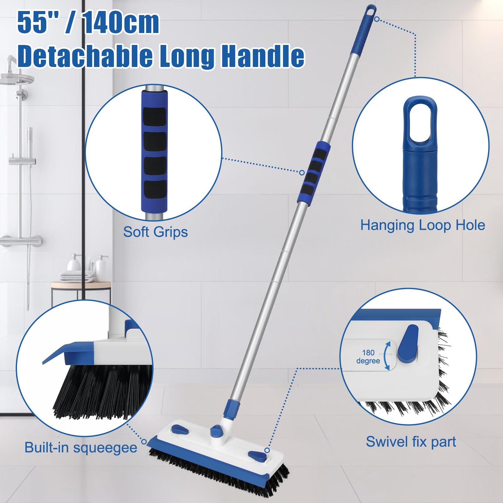 Qaestfy Qaestfy Floor Grout Scrub Brush with Squeegee 3 in 1, 55\'\' Extendable Long Handle Floor Scrubber Cleaner Brush for Scrubbing Deck, Tile, Garage Floor, Patio, Concrete, Rug, Shower Bathroom