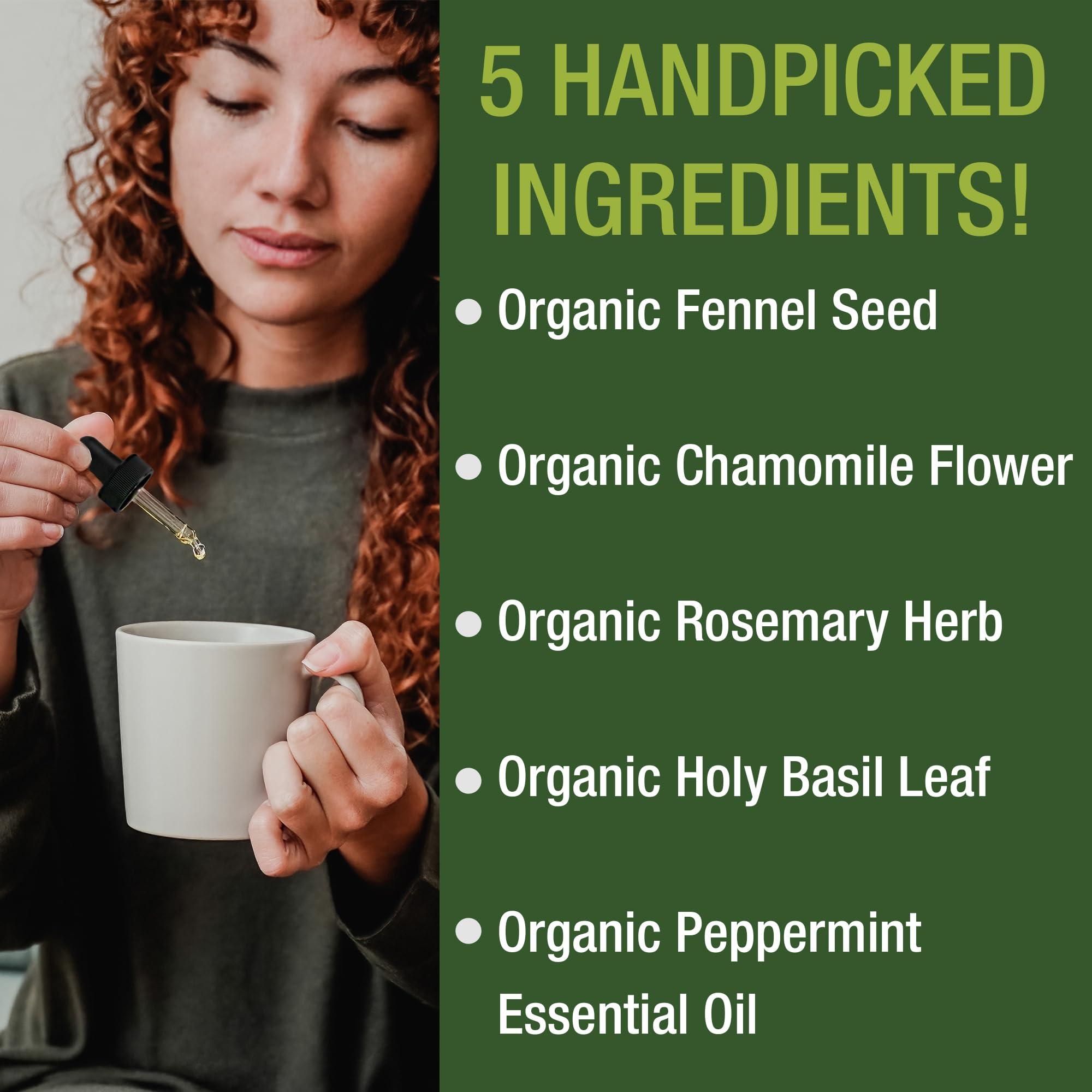 Peak Performance USDA Organic IBS Relief 5-In-1 Liquid Drops. For Ingestion, Bloating, Gas. Irritable Bowel Supplement With 5 Organic Ingredients. Peppermint Oil, Fennel Seed, Chamomile Flower, Rosemary, Holy Basil
