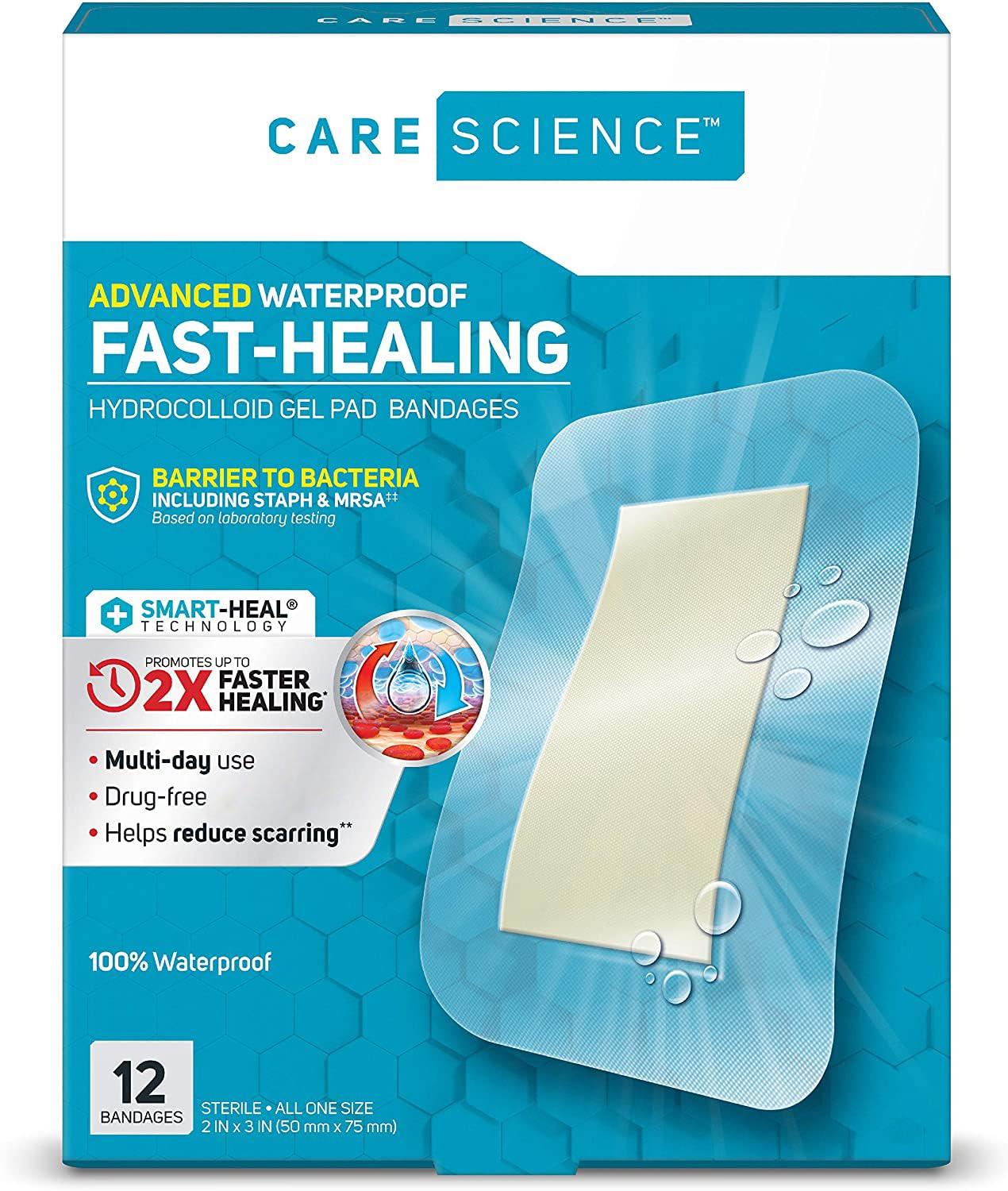 Care Science Care Science Fast-Healing Waterproof Hydrocolloid Gel Pad Bandages, XL, 2 in x 3 in, 12 ct | 100% Waterproof Seal, for Blisters or Wound Care