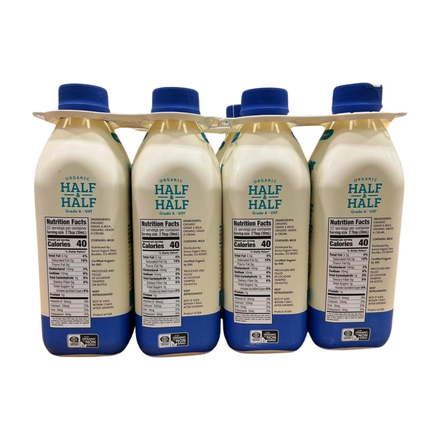 High Meadow Organic Grade A UHT Half and Half, 32 fl oz, Pack of 12